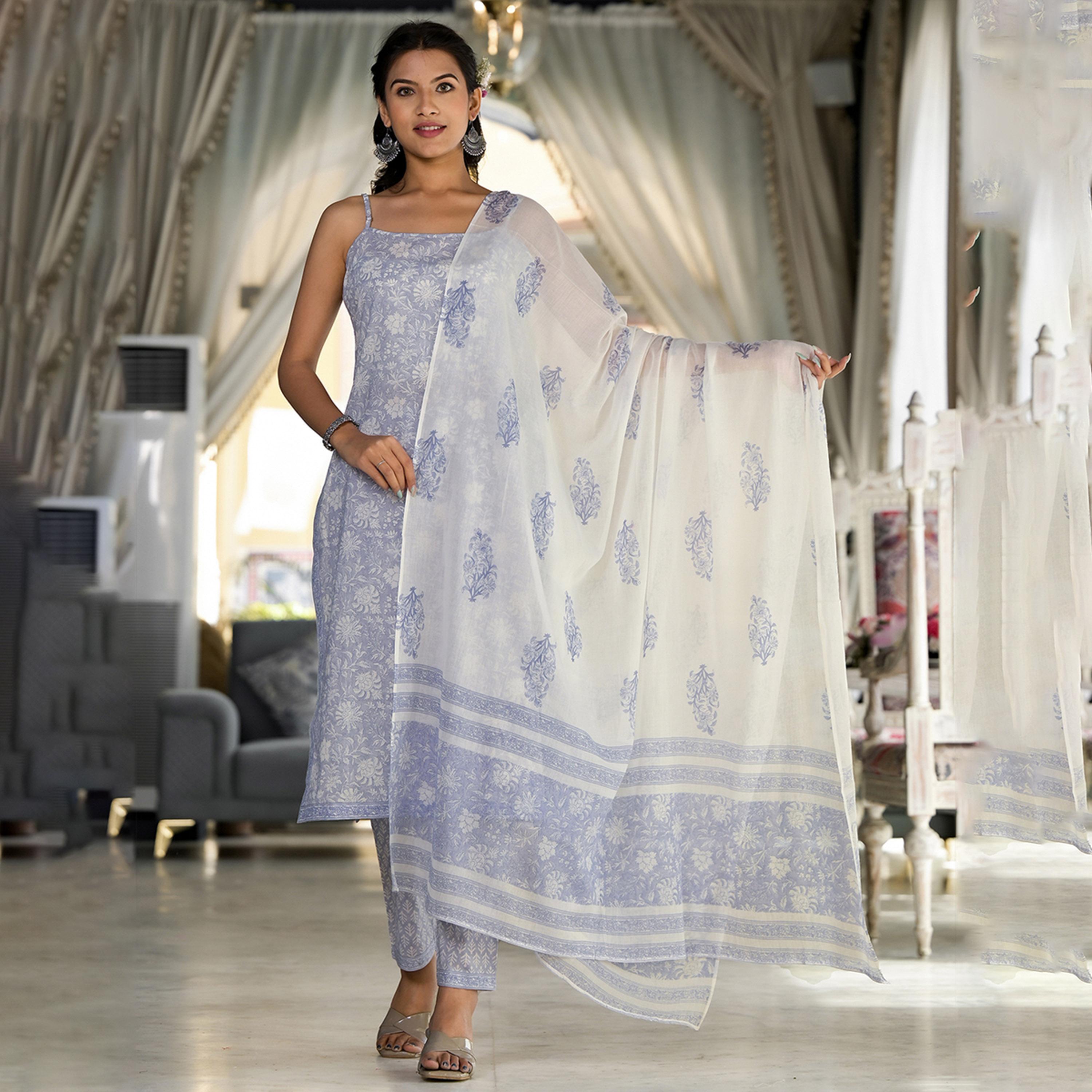 فيشود × ستايلي - كورتا وبنطال مستقيم من القطن الخالص بطبعة زهور مع وشاح دوباتا - أزرق-women-clothing-ethnicwear-sareesets-image-2