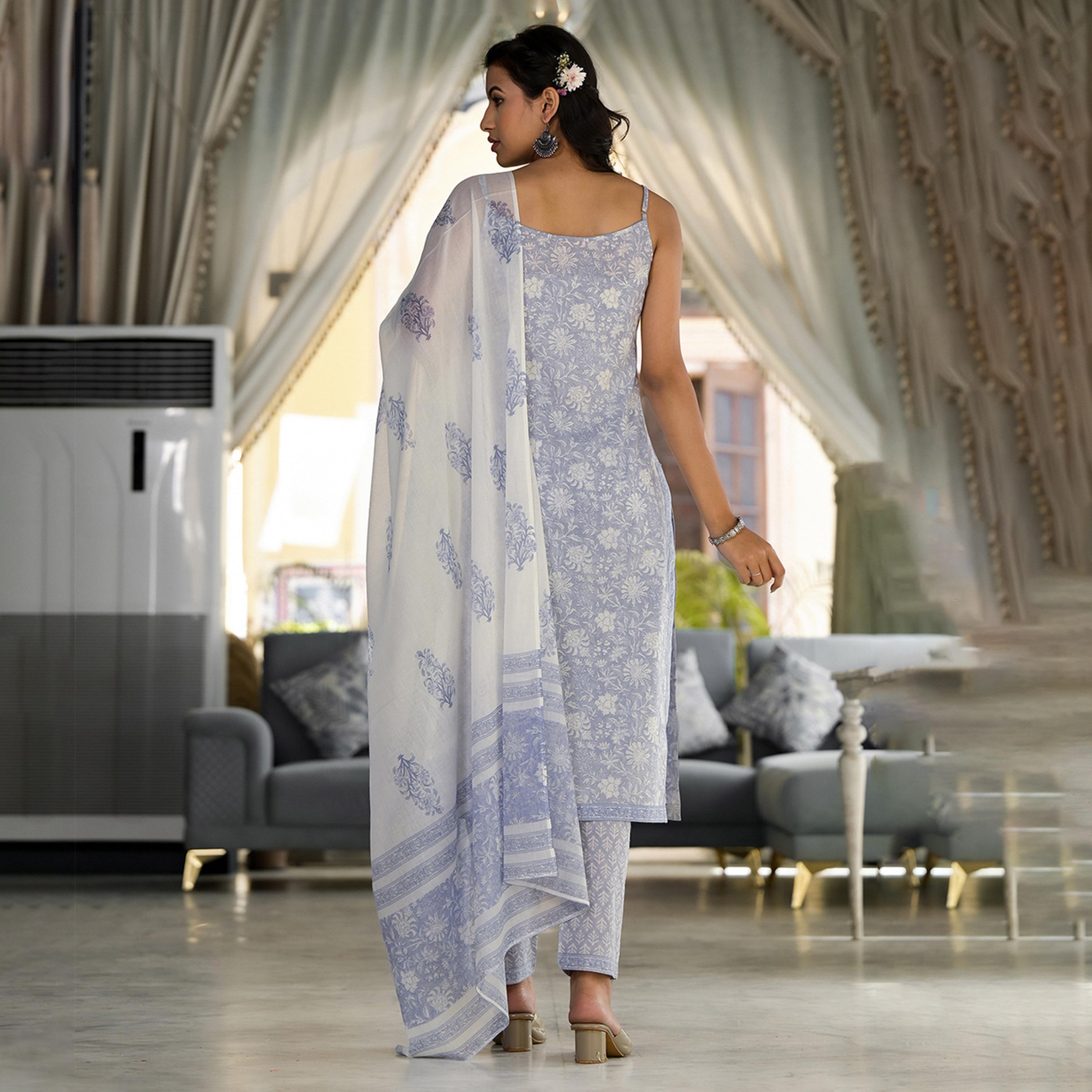 فيشود × ستايلي - كورتا وبنطال مستقيم من القطن الخالص بطبعة زهور مع وشاح دوباتا - أزرق-women-clothing-ethnicwear-sareesets-image-3