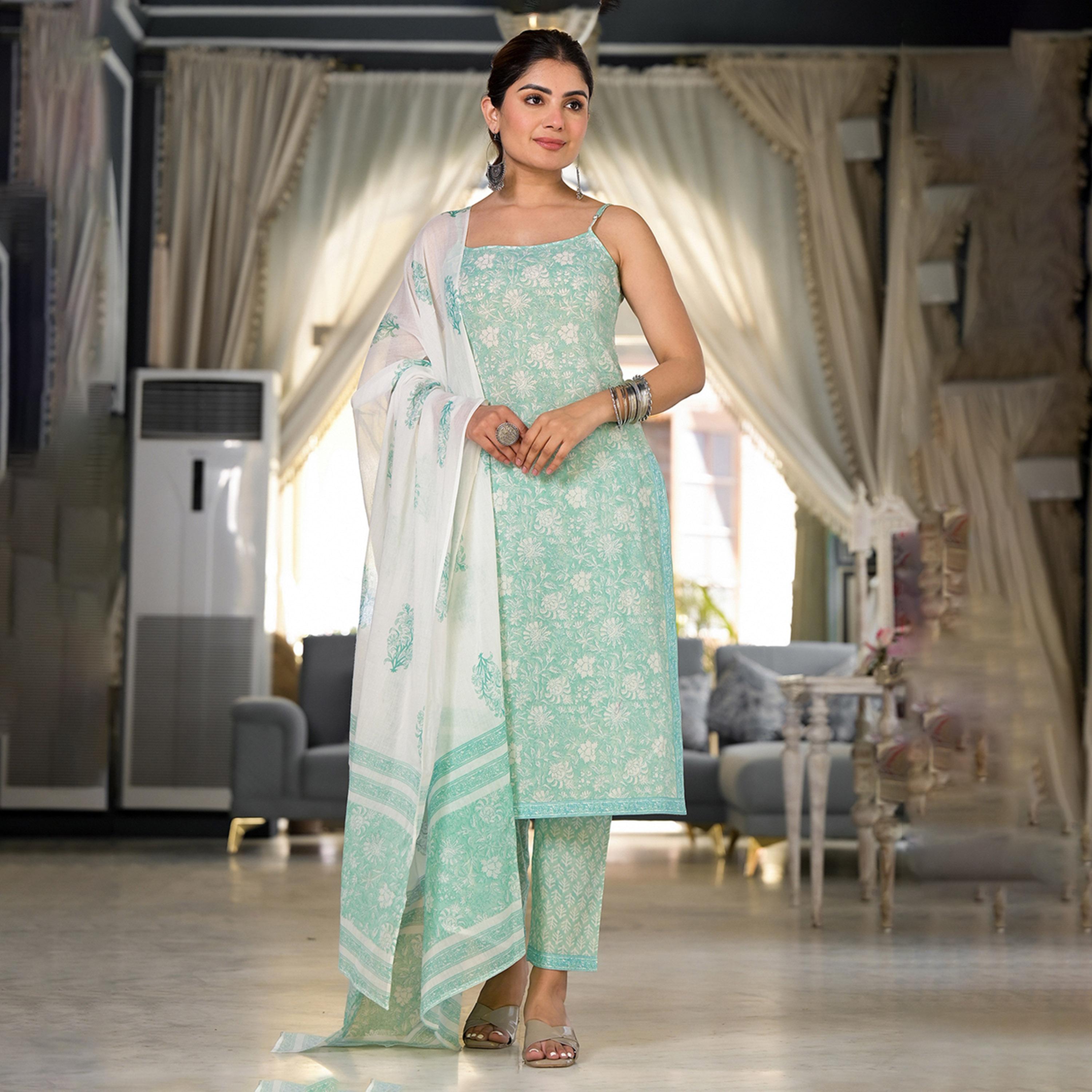 فيشود × ستايلي - كورتا مطبوعة بالورود من القطن الخالص مع بنطال ووشاح دوباتا - أزرق-women-clothing-ethnicwear-sareesets-image-1