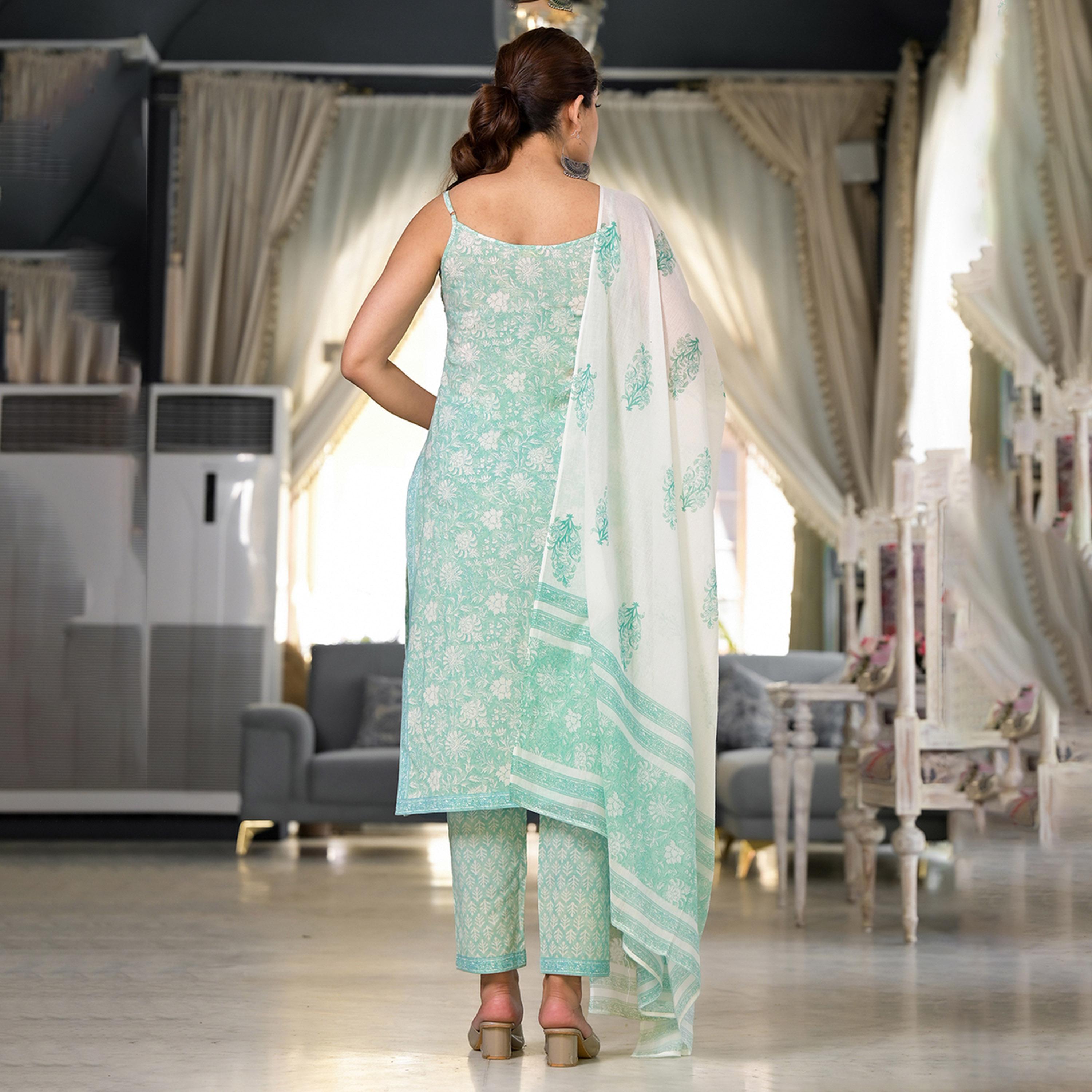 فيشود × ستايلي - كورتا مطبوعة بالورود من القطن الخالص مع بنطال ووشاح دوباتا - أزرق-women-clothing-ethnicwear-sareesets-image-3