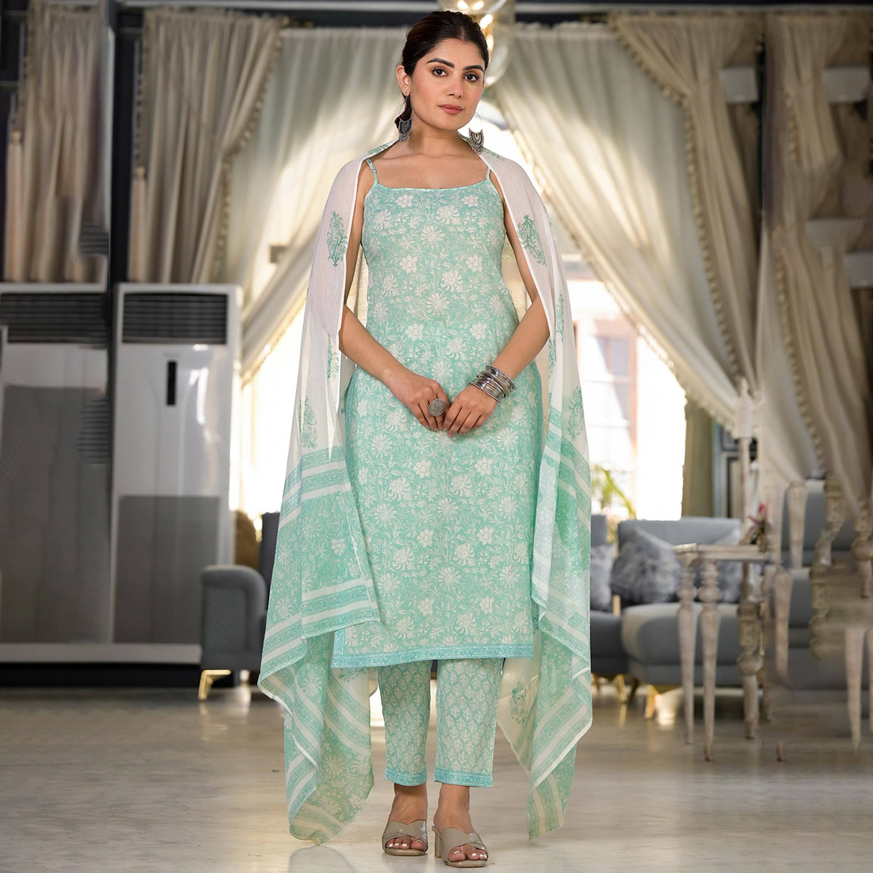 فيشود × ستايلي - كورتا مطبوعة بالورود من القطن الخالص مع بنطال ووشاح دوباتا - أزرق-women-clothing-ethnicwear-sareesets-image-4