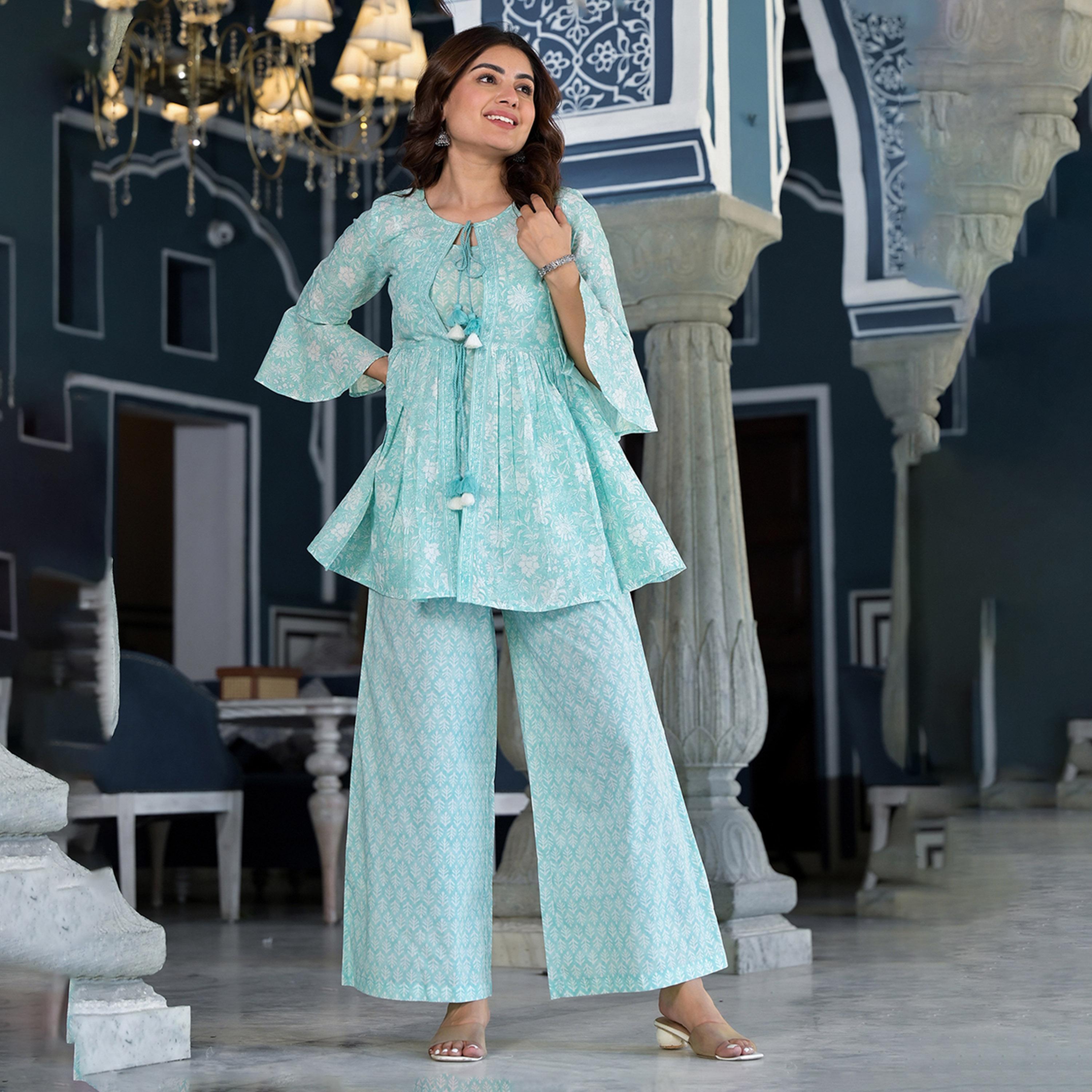 فيشود × ستايلي - كورتي بطبعة زهور من القطن الخالص بقصة A مع بنطال بالازو-women-clothing-ethnicwear-kurtasets-image-1