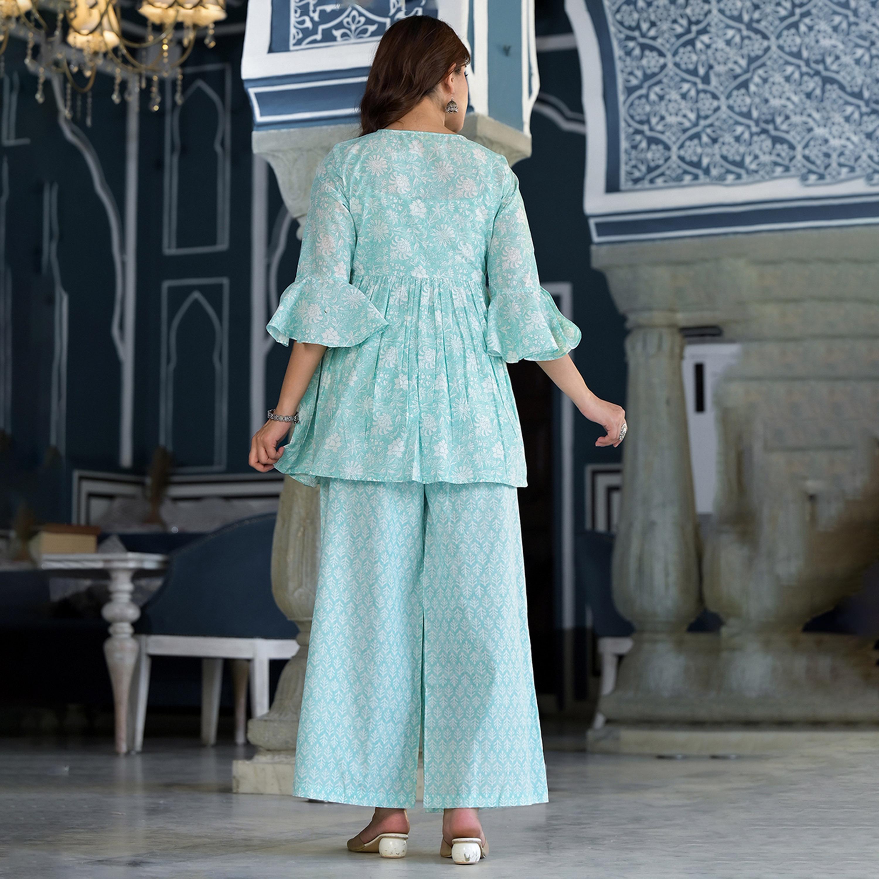 فيشود × ستايلي - كورتي بطبعة زهور من القطن الخالص بقصة A مع بنطال بالازو-women-clothing-ethnicwear-kurtasets-image-3