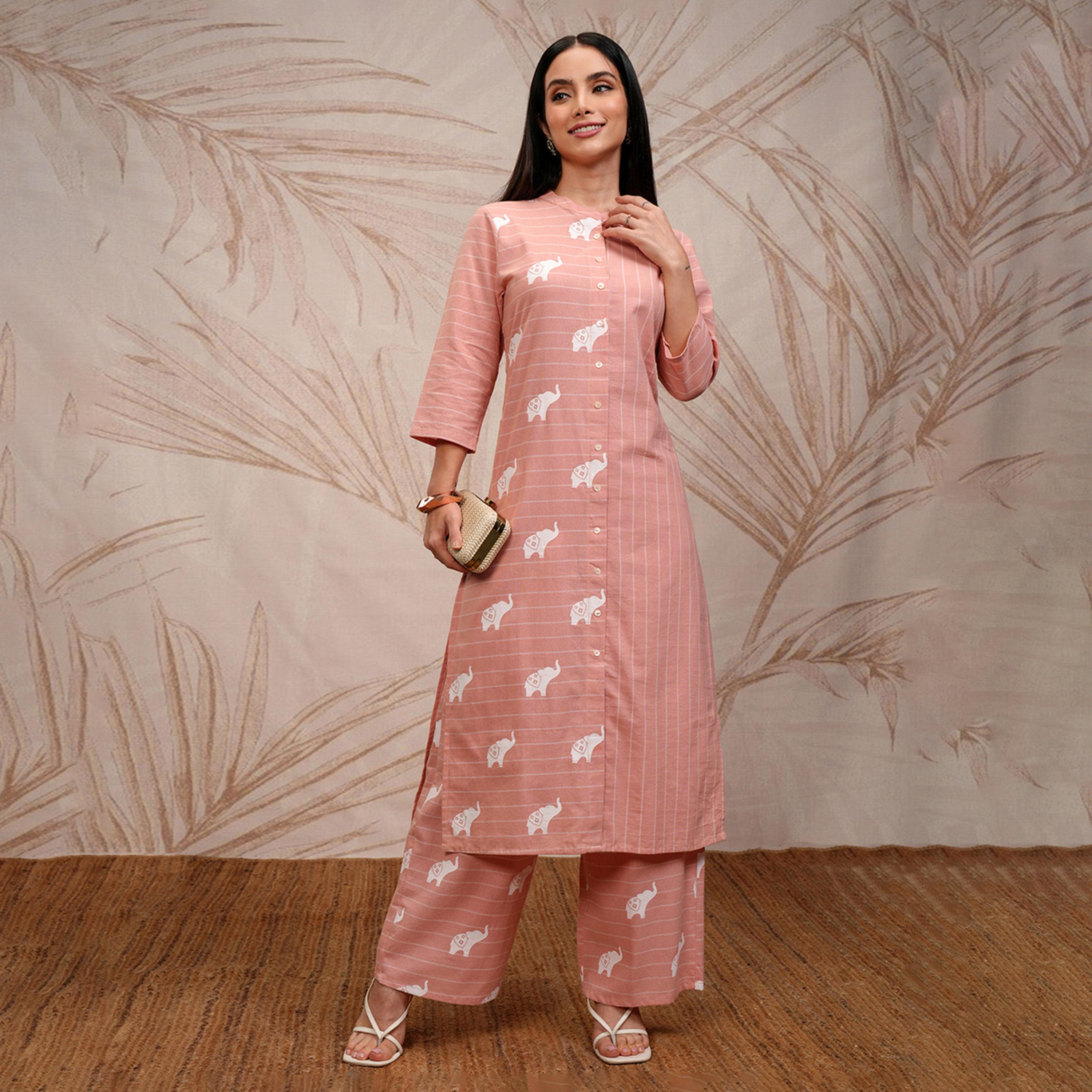 فيشود × ستايلي - كورتا مخططة بياقة ماندرين مع بنطال بلازوا-women-clothing-ethnicwear-kurtasets-image-1