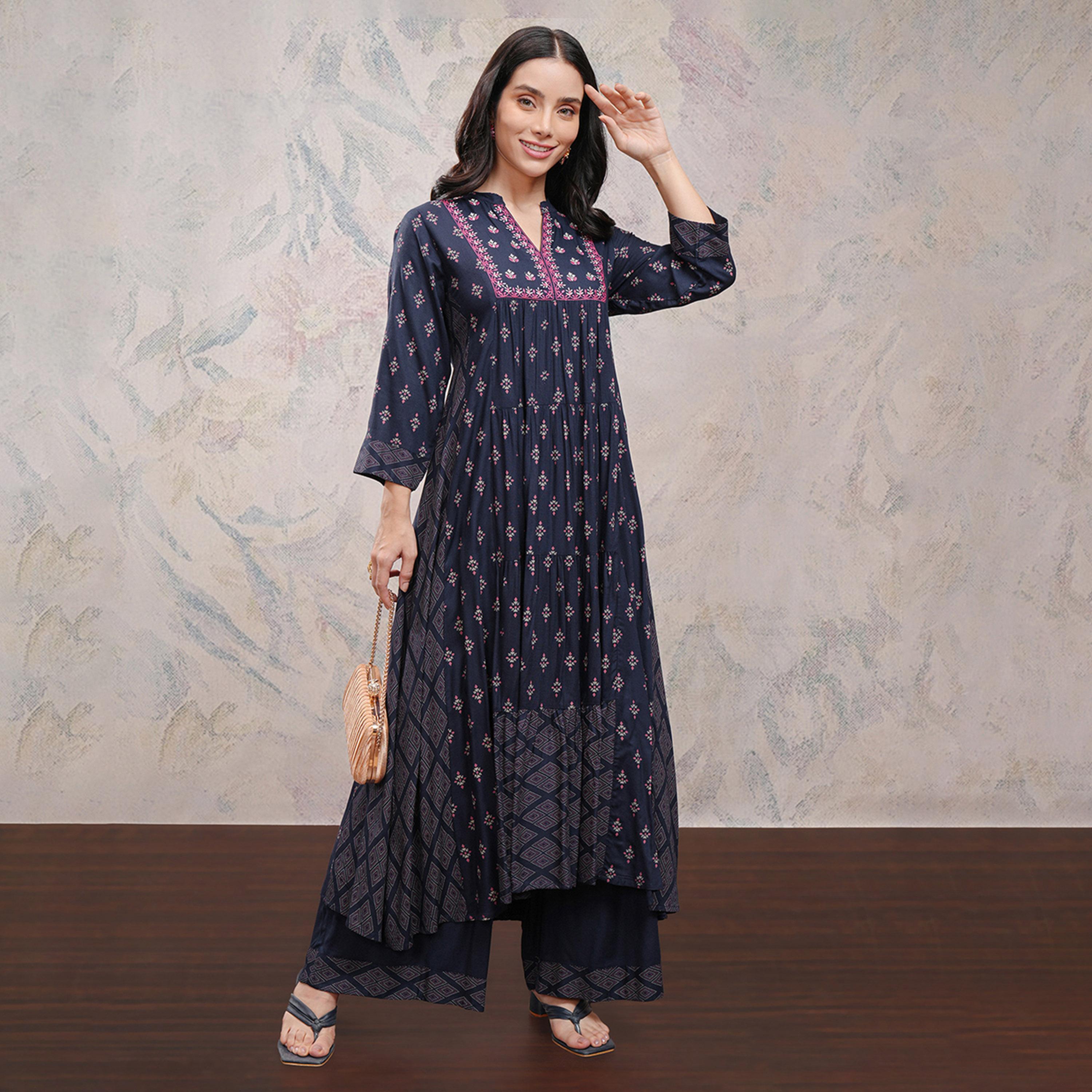 Vishudh X Styli Women Ethnic Motifs Embroidered Tiered Thread Work Kurta with Palazzos-women-clothing-ethnicwear-kurtasets-image-1