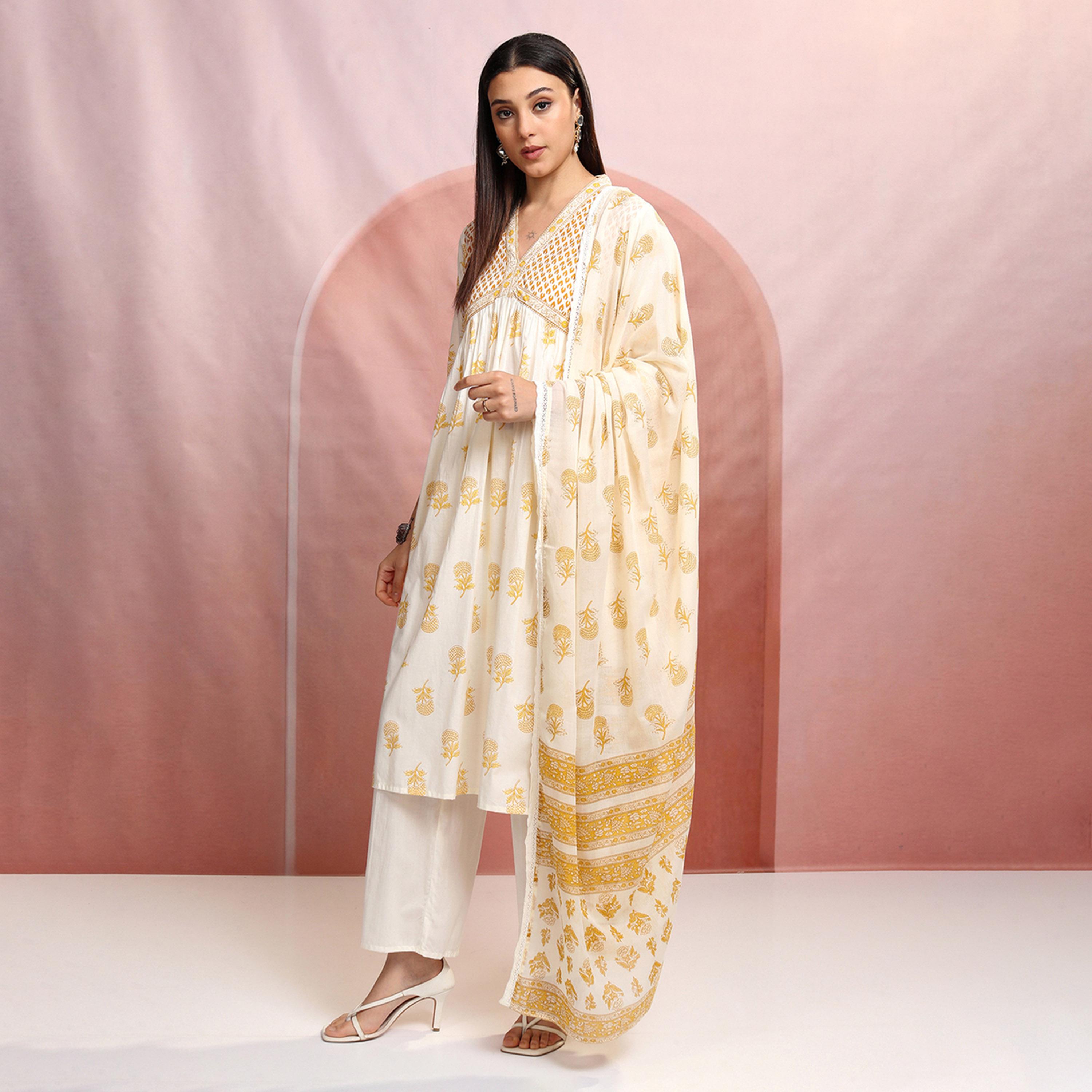 Vishudh X Styli Floral Printed V-Neck Empire Pure Cotton Kurta With Trousers & Dupatta-women-clothing-ethnicwear-sareesets-image-1