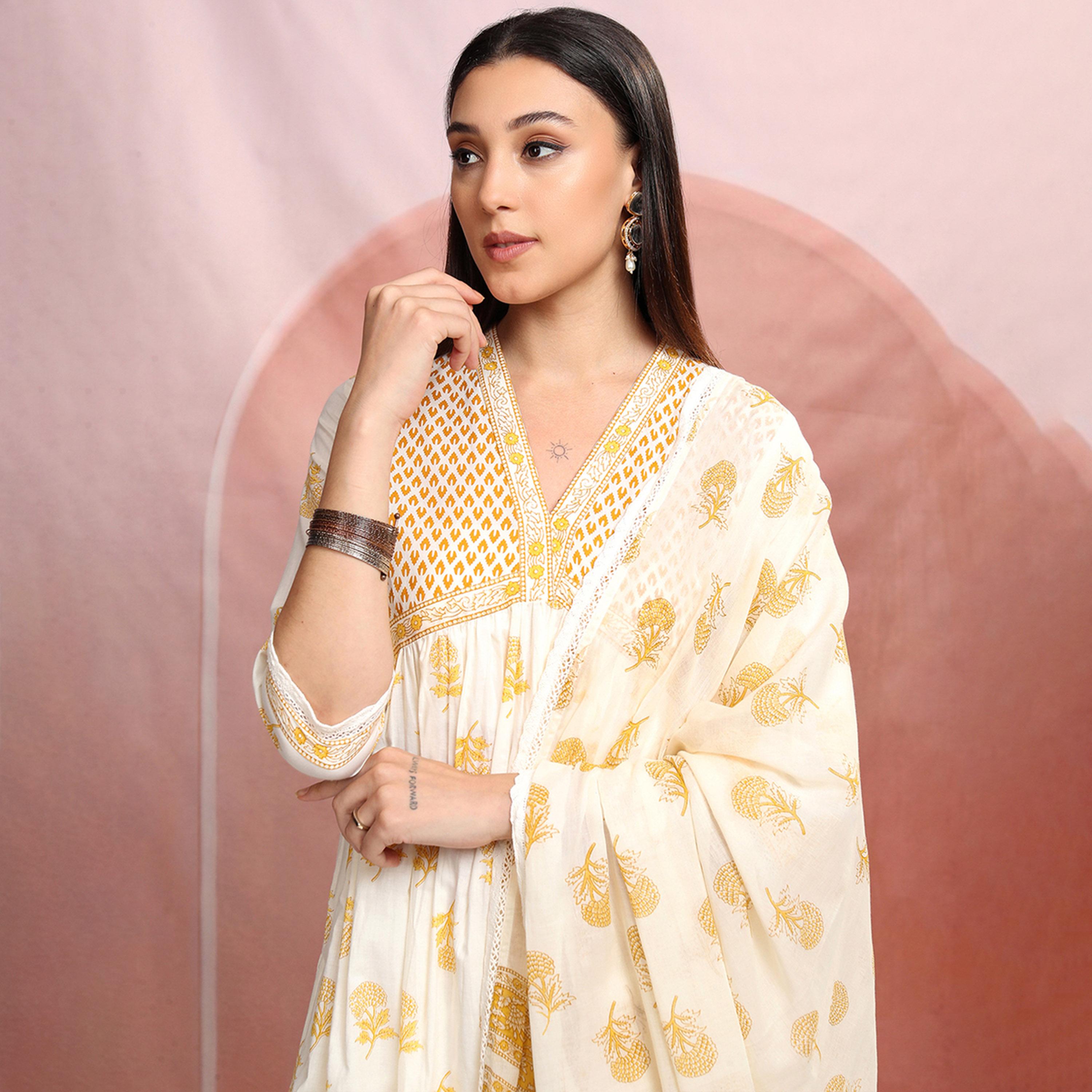 Vishudh X Styli Floral Printed V-Neck Empire Pure Cotton Kurta With Trousers & Dupatta-women-clothing-ethnicwear-sareesets-image-2