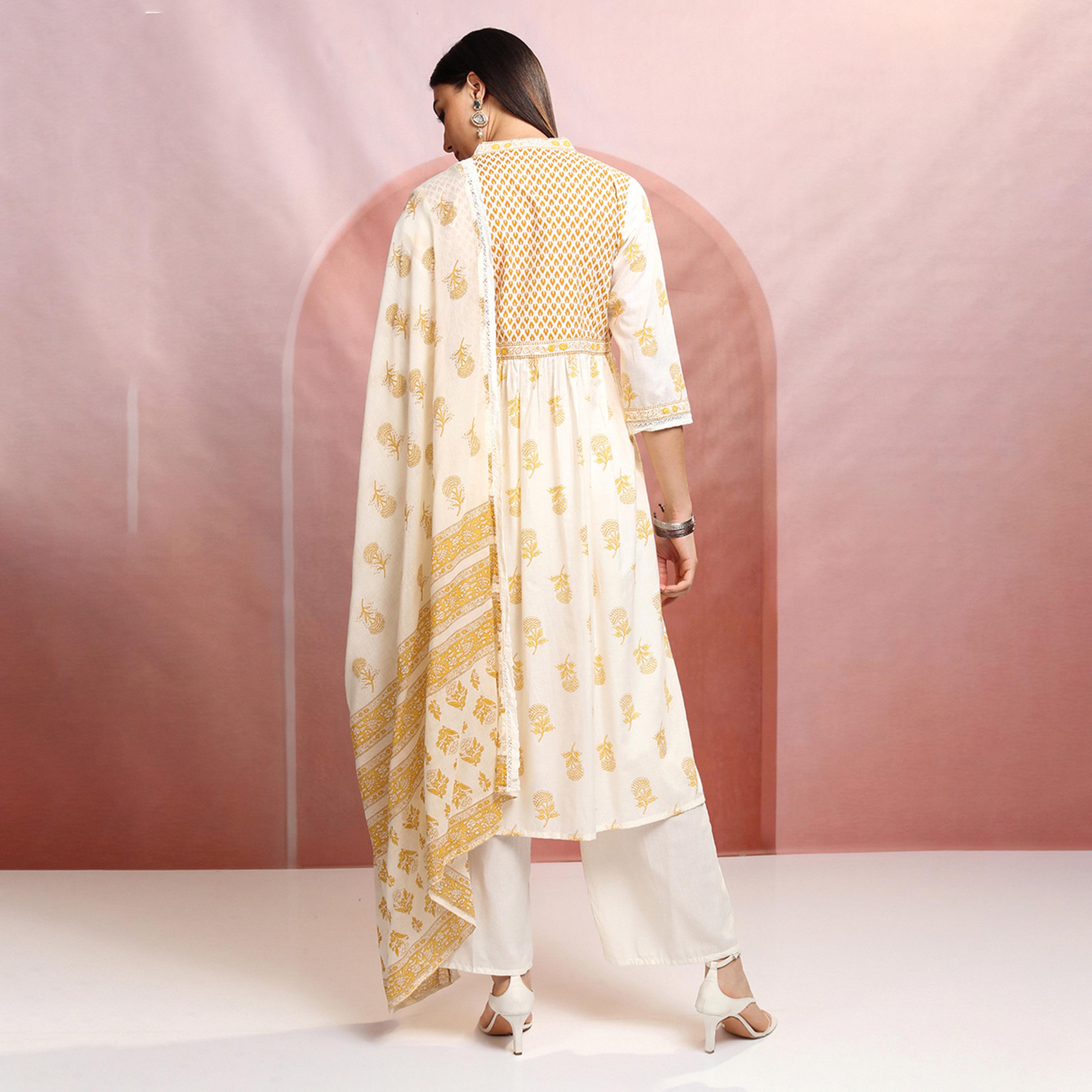 Vishudh X Styli Floral Printed V-Neck Empire Pure Cotton Kurta With Trousers & Dupatta-women-clothing-ethnicwear-sareesets-image-3