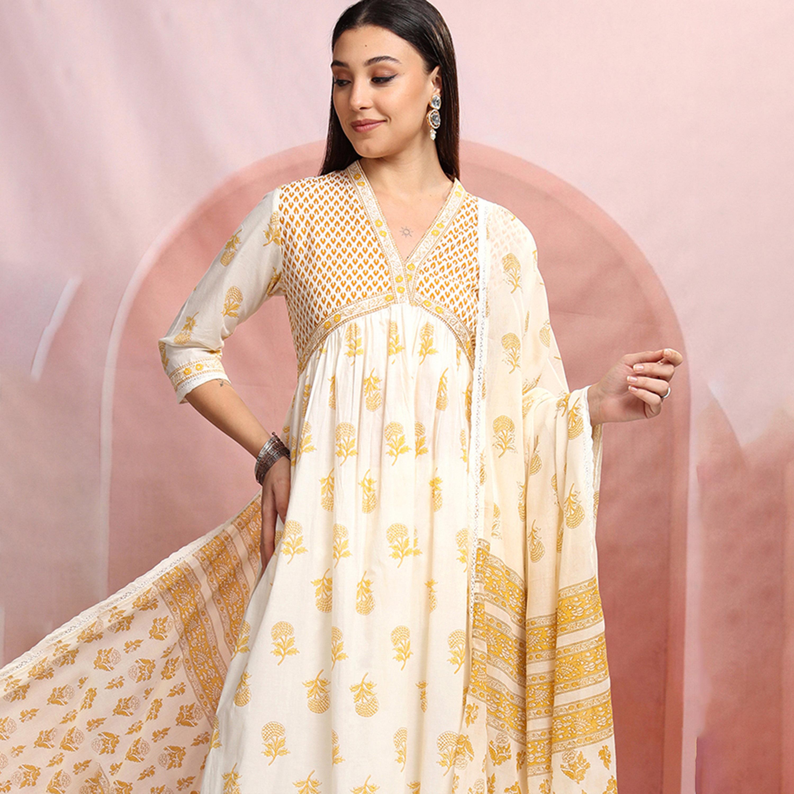 Vishudh X Styli Floral Printed V-Neck Empire Pure Cotton Kurta With Trousers & Dupatta-women-clothing-ethnicwear-sareesets-image-4