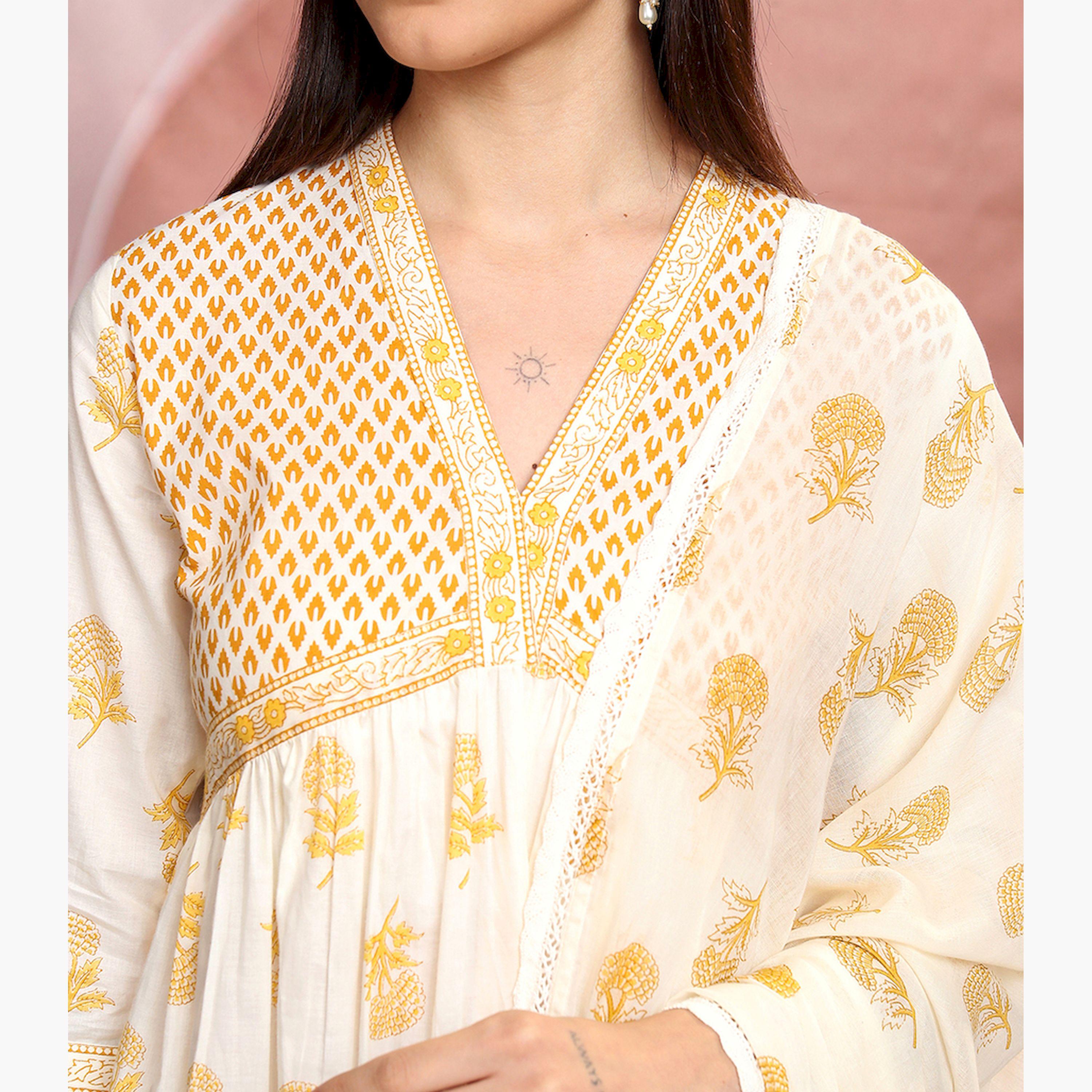 Vishudh X Styli Floral Printed V-Neck Empire Pure Cotton Kurta With Trousers & Dupatta-women-clothing-ethnicwear-sareesets-image-5