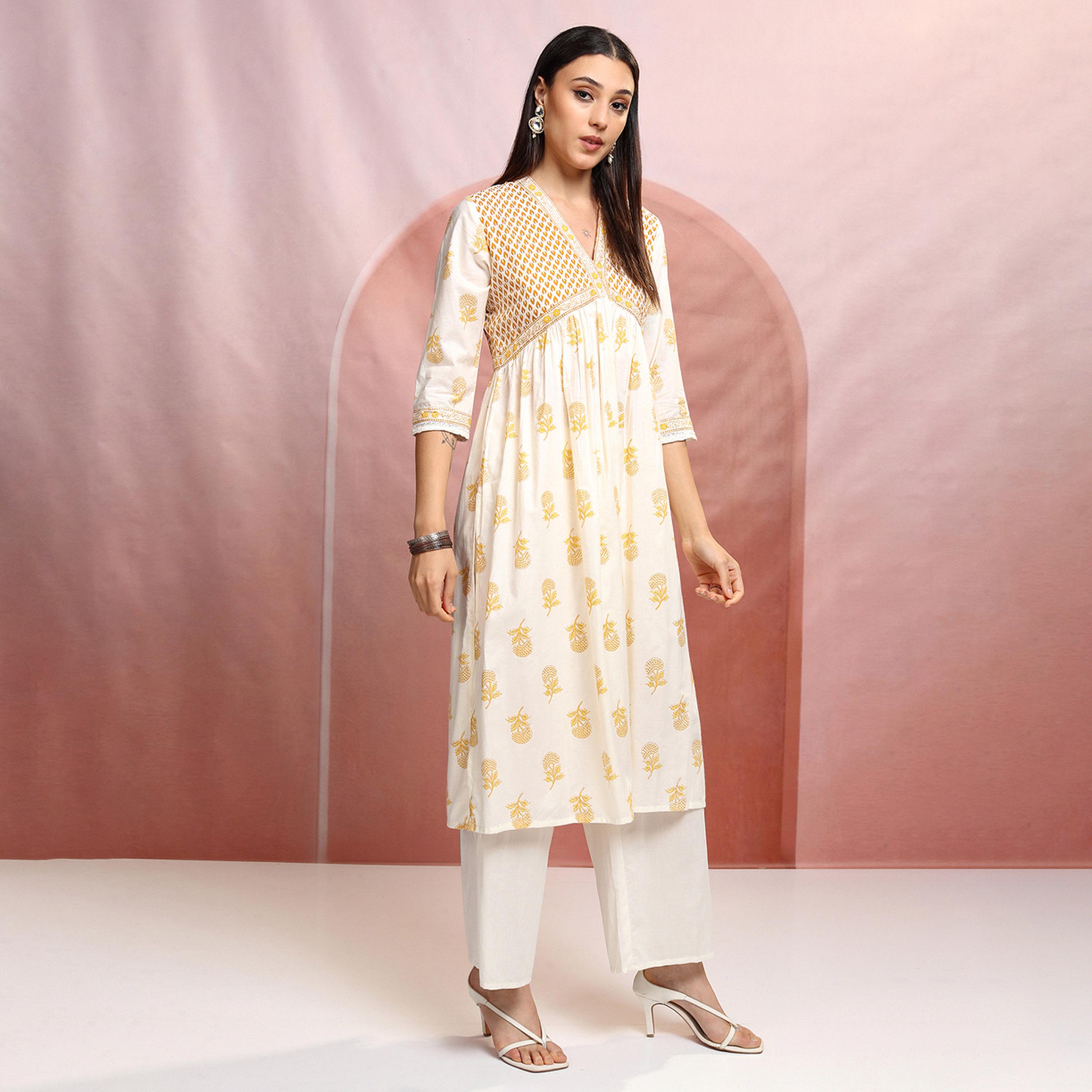 Vishudh X Styli Floral Printed V-Neck Empire Pure Cotton Kurta With Trousers & Dupatta-women-clothing-ethnicwear-sareesets-image-6