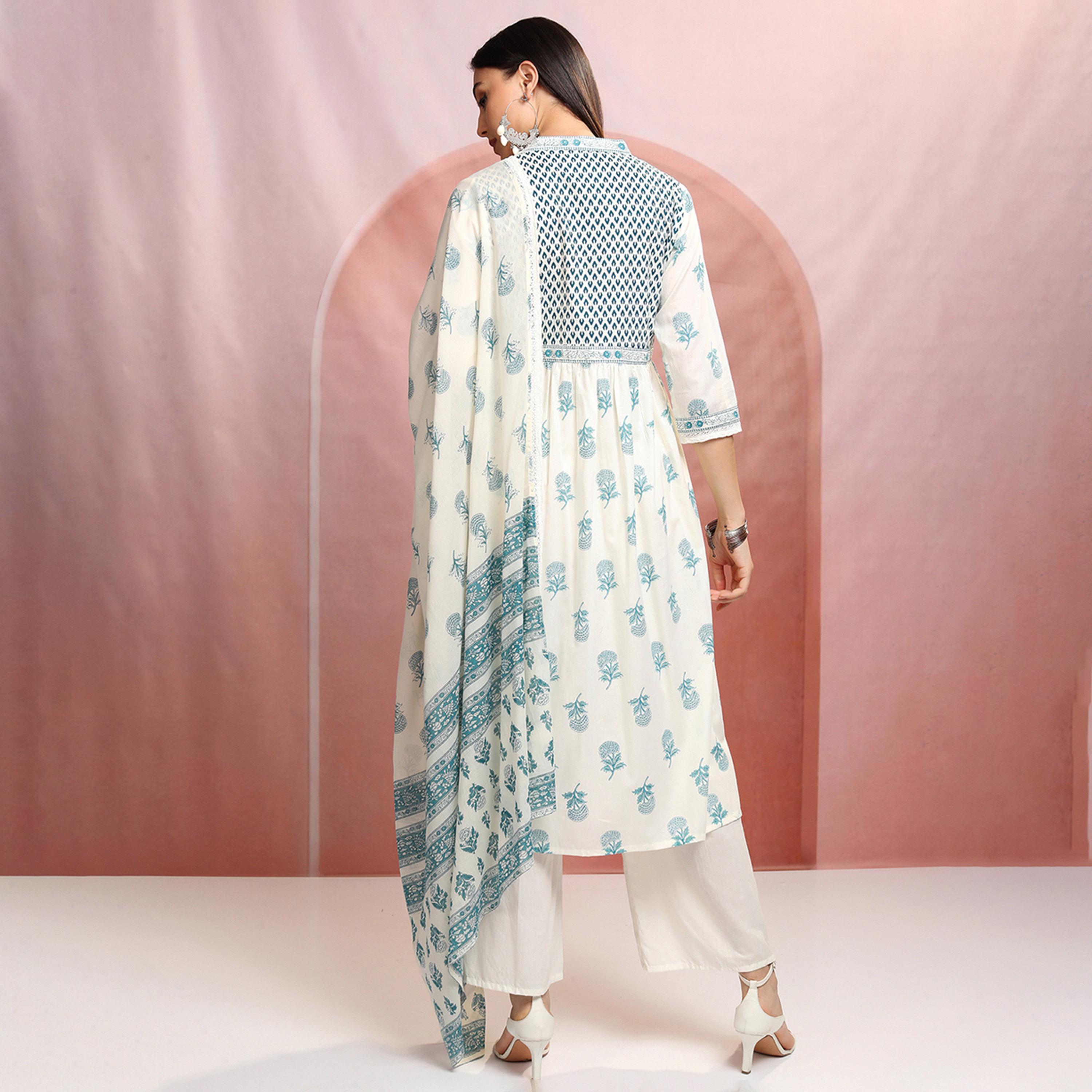 فيشود × ستايلي - كورتا بطبعة زهور من القطن الخالص بفتحة رقبة على شكل حرف V مع بنطال ووشاح-women-clothing-ethnicwear-sareesets-image-3