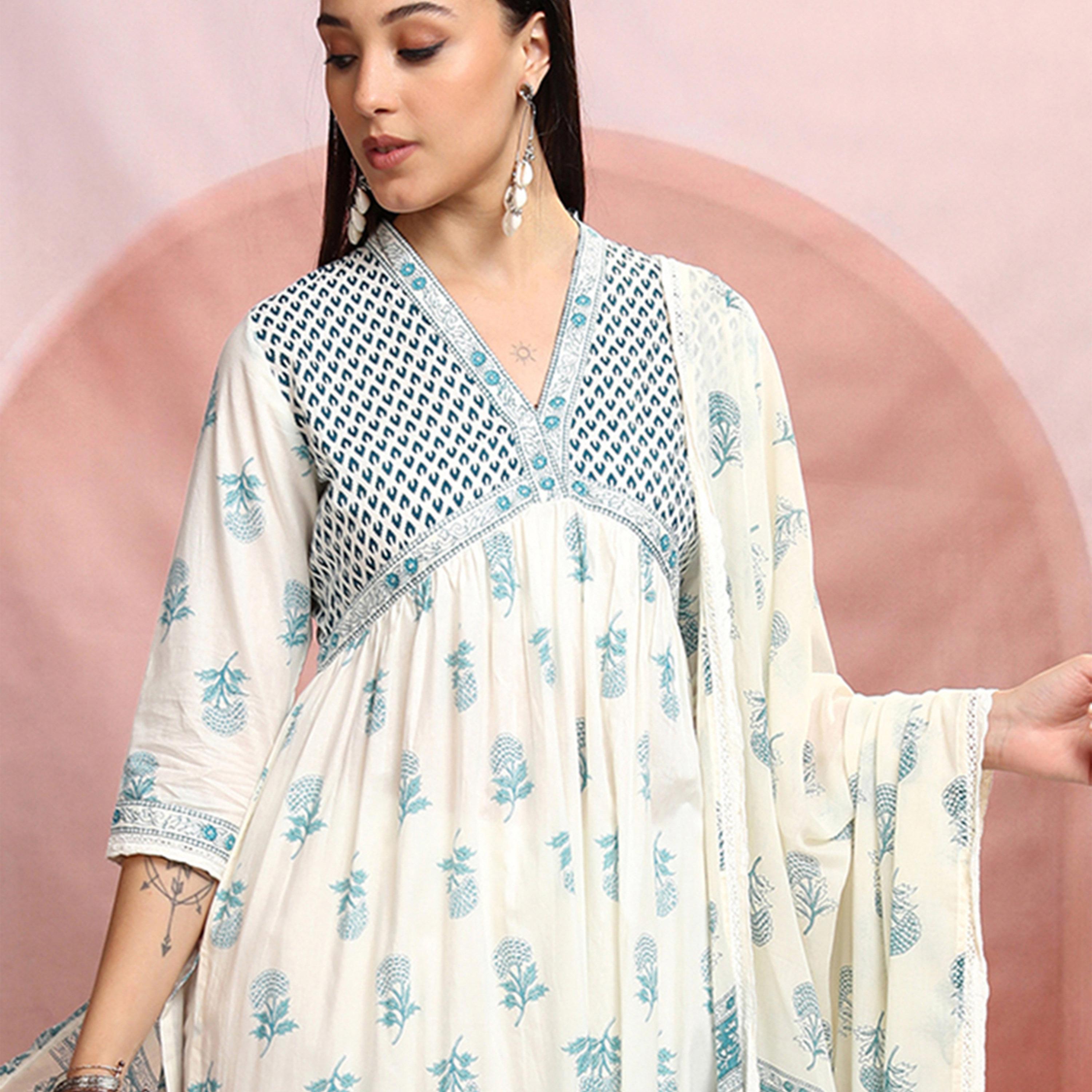 فيشود × ستايلي - كورتا بطبعة زهور من القطن الخالص بفتحة رقبة على شكل حرف V مع بنطال ووشاح-women-clothing-ethnicwear-sareesets-image-4