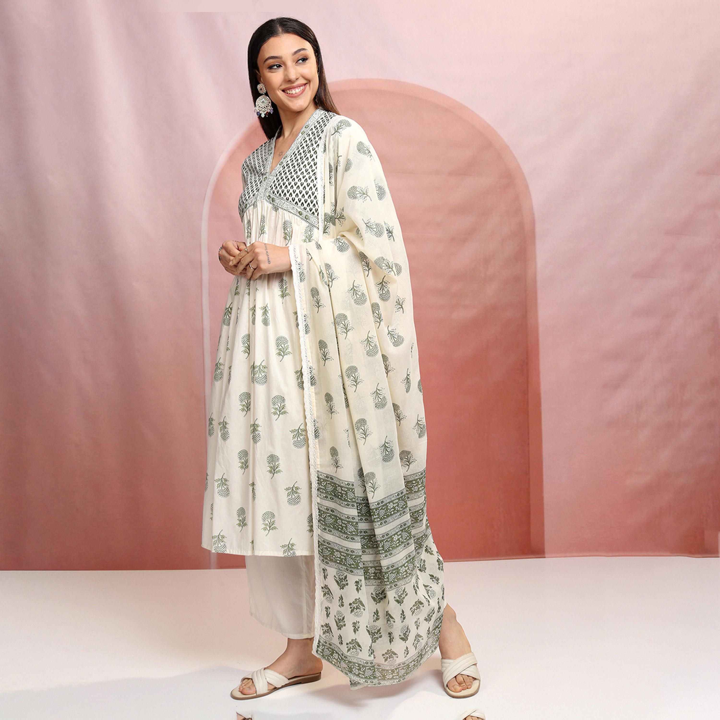 Vishudh X Styli Floral Printed V-Neck Empire Pure Cotton Kurta With Trousers & Dupatta-women-clothing-ethnicwear-sareesets-image-1