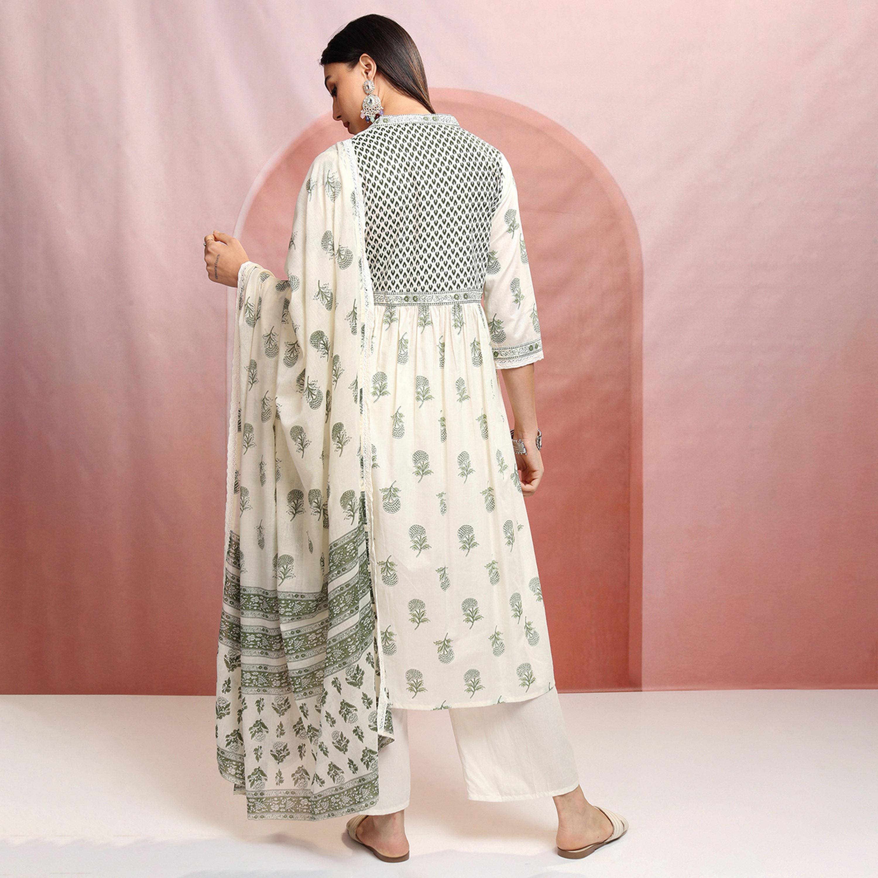 Vishudh X Styli Floral Printed V-Neck Empire Pure Cotton Kurta With Trousers & Dupatta-women-clothing-ethnicwear-sareesets-image-3
