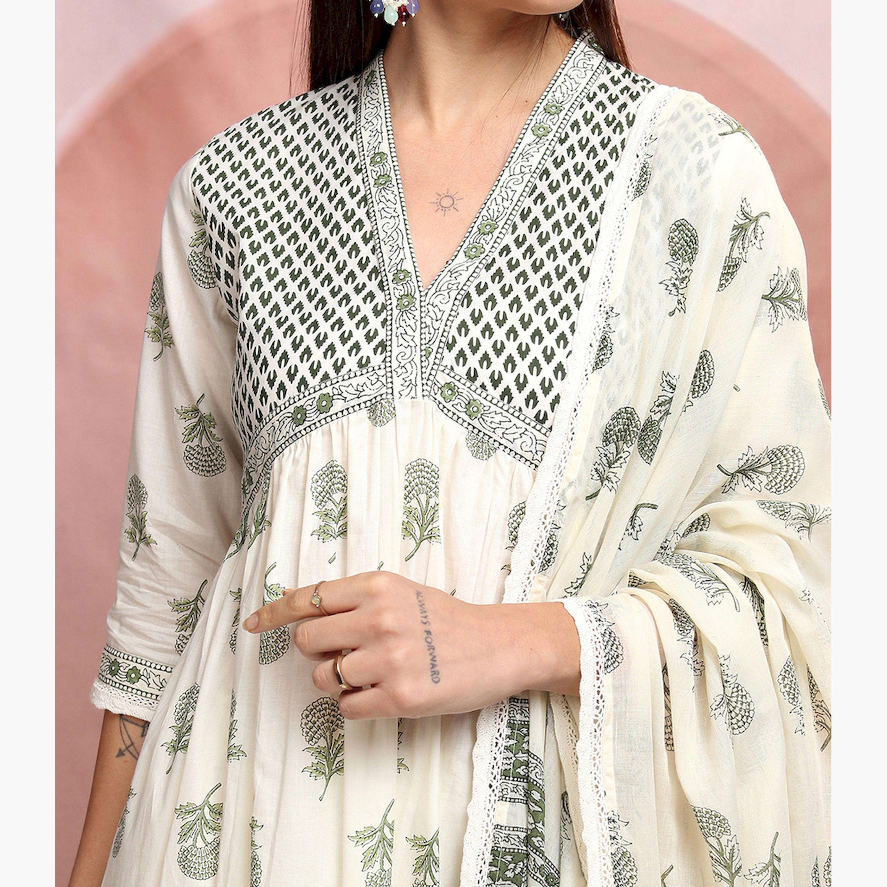 Vishudh X Styli Floral Printed V-Neck Empire Pure Cotton Kurta With Trousers & Dupatta-women-clothing-ethnicwear-sareesets-image-5