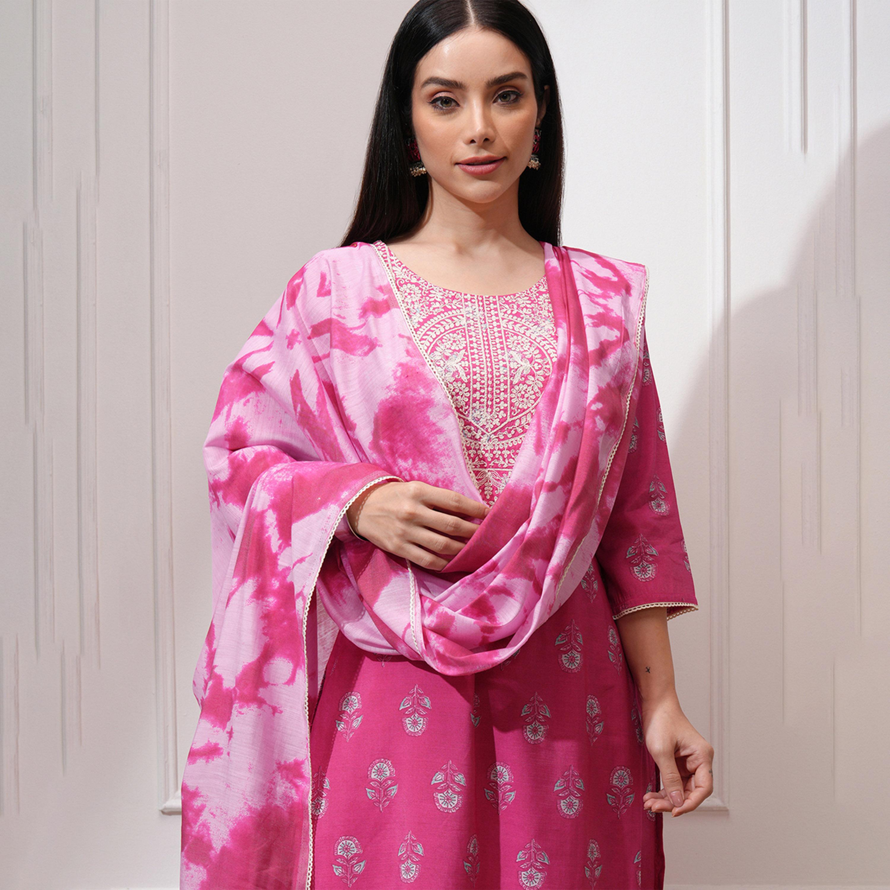 فيشود × ستايلي - كورتا مستقيمة بطبعة زهور وتطريز خيوط مع بنطال ووشاح-women-clothing-ethnicwear-sareesets-image-2