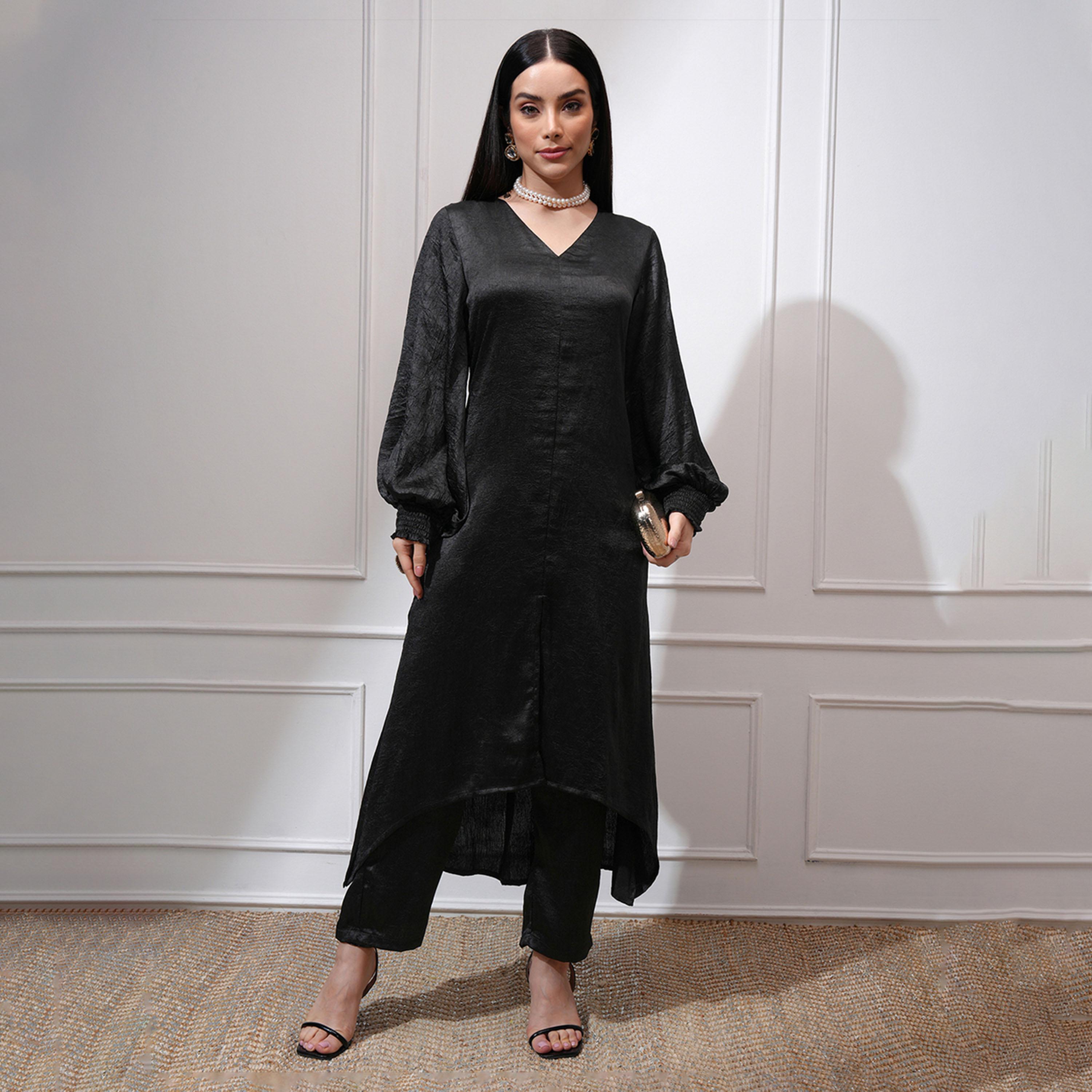 فيشود × ستايلي - كورتا بقصة A بأكمام منتفخة ورقبة على شكل حرف V مع بنطال-women-clothing-ethnicwear-kurtasets-image-1