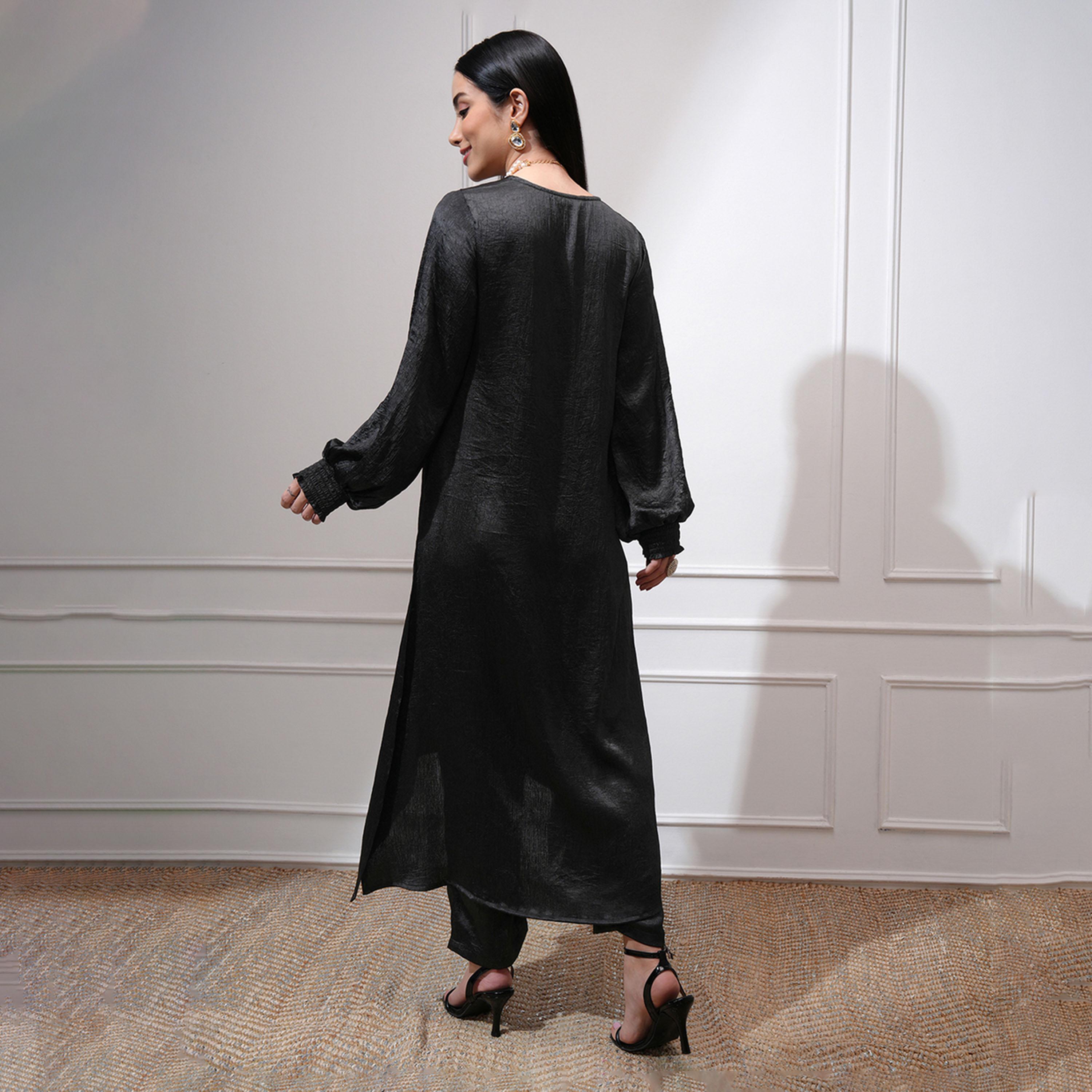 فيشود × ستايلي - كورتا بقصة A بأكمام منتفخة ورقبة على شكل حرف V مع بنطال-women-clothing-ethnicwear-kurtasets-image-3