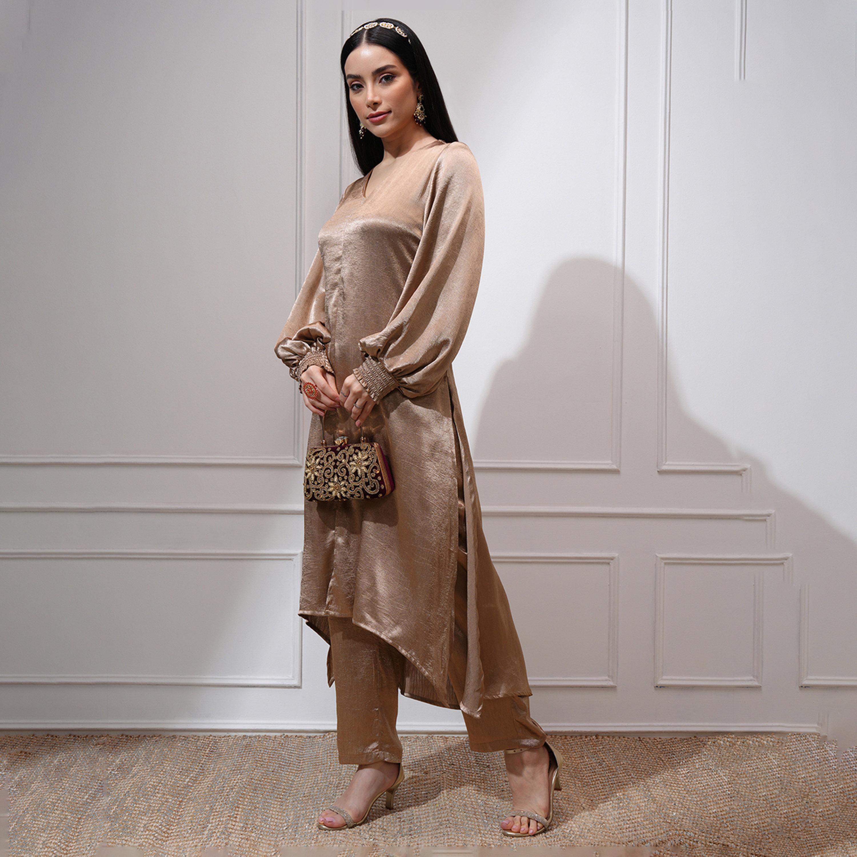 فيشود × ستايلي - كورتا بقصة A بأكمام منتفخة ورقبة على شكل حرف V مع بنطال-women-clothing-ethnicwear-kurtasets-image-2