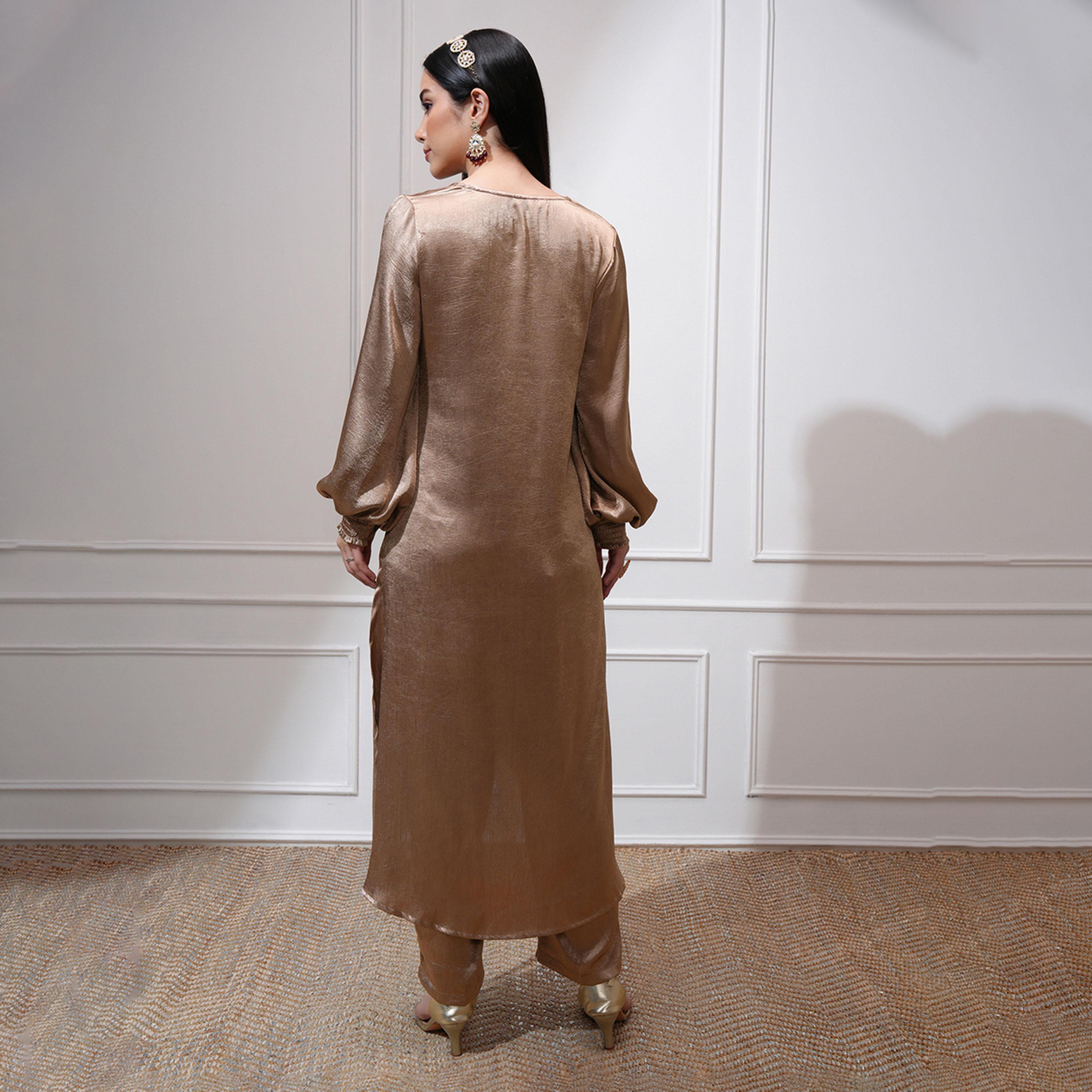 فيشود × ستايلي - كورتا بقصة A بأكمام منتفخة ورقبة على شكل حرف V مع بنطال-women-clothing-ethnicwear-kurtasets-image-3