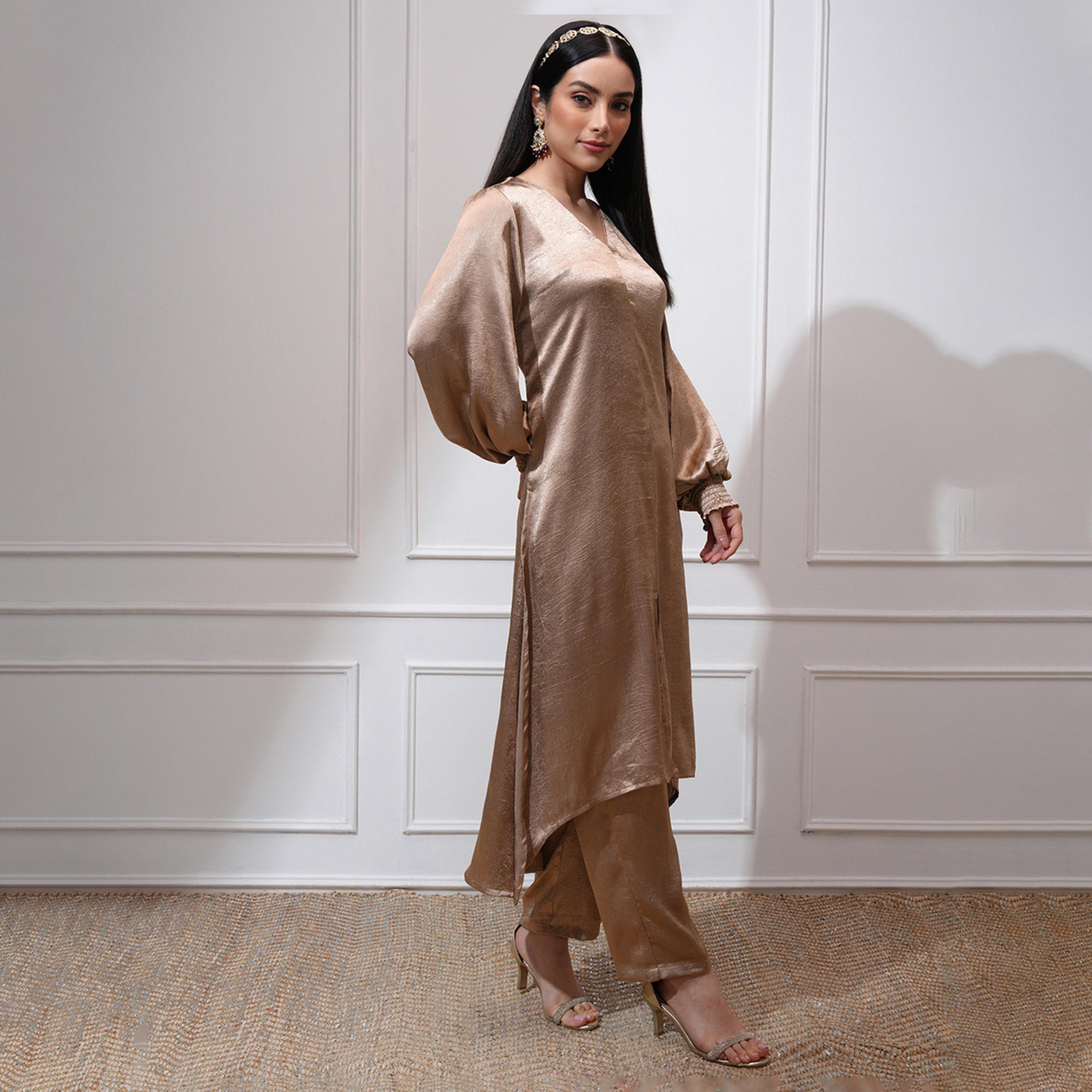 فيشود × ستايلي - كورتا بقصة A بأكمام منتفخة ورقبة على شكل حرف V مع بنطال-women-clothing-ethnicwear-kurtasets-image-4