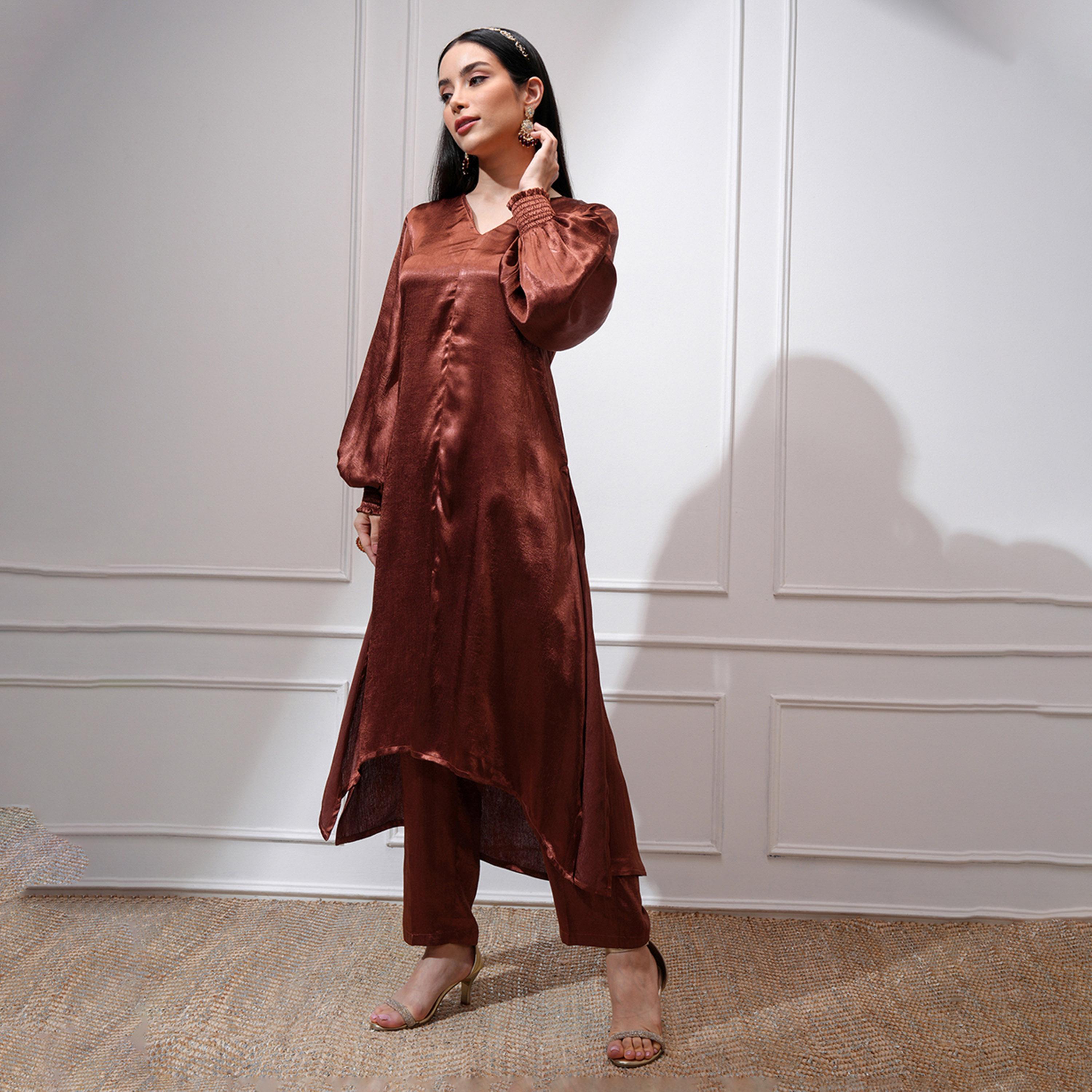 فيشود × ستايلي - كورتا بقصة A بأكمام منتفخة ورقبة على شكل حرف V مع بنطال-women-clothing-ethnicwear-kurtasets-image-4