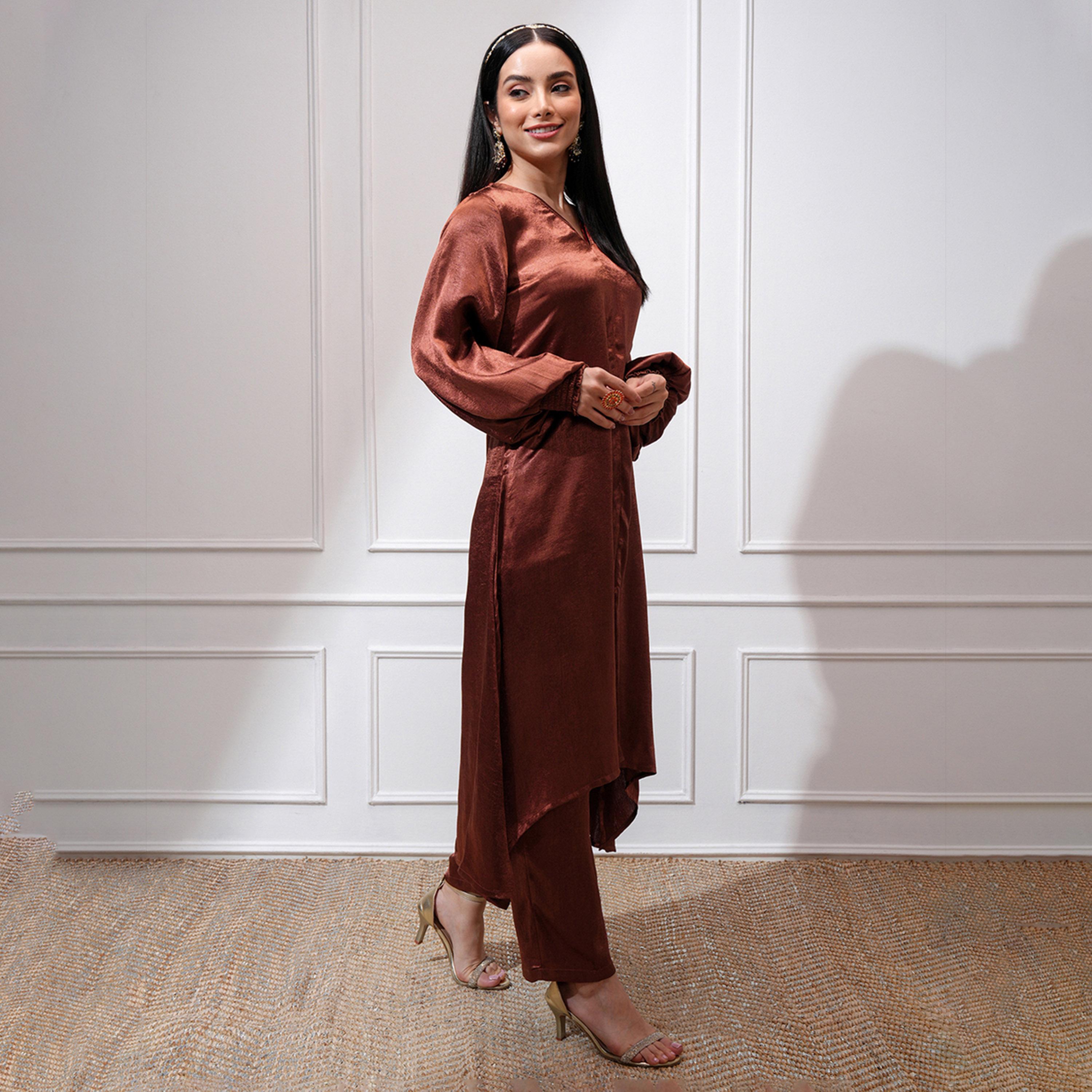 فيشود × ستايلي - كورتا بقصة A بأكمام منتفخة ورقبة على شكل حرف V مع بنطال-women-clothing-ethnicwear-kurtasets-image-6