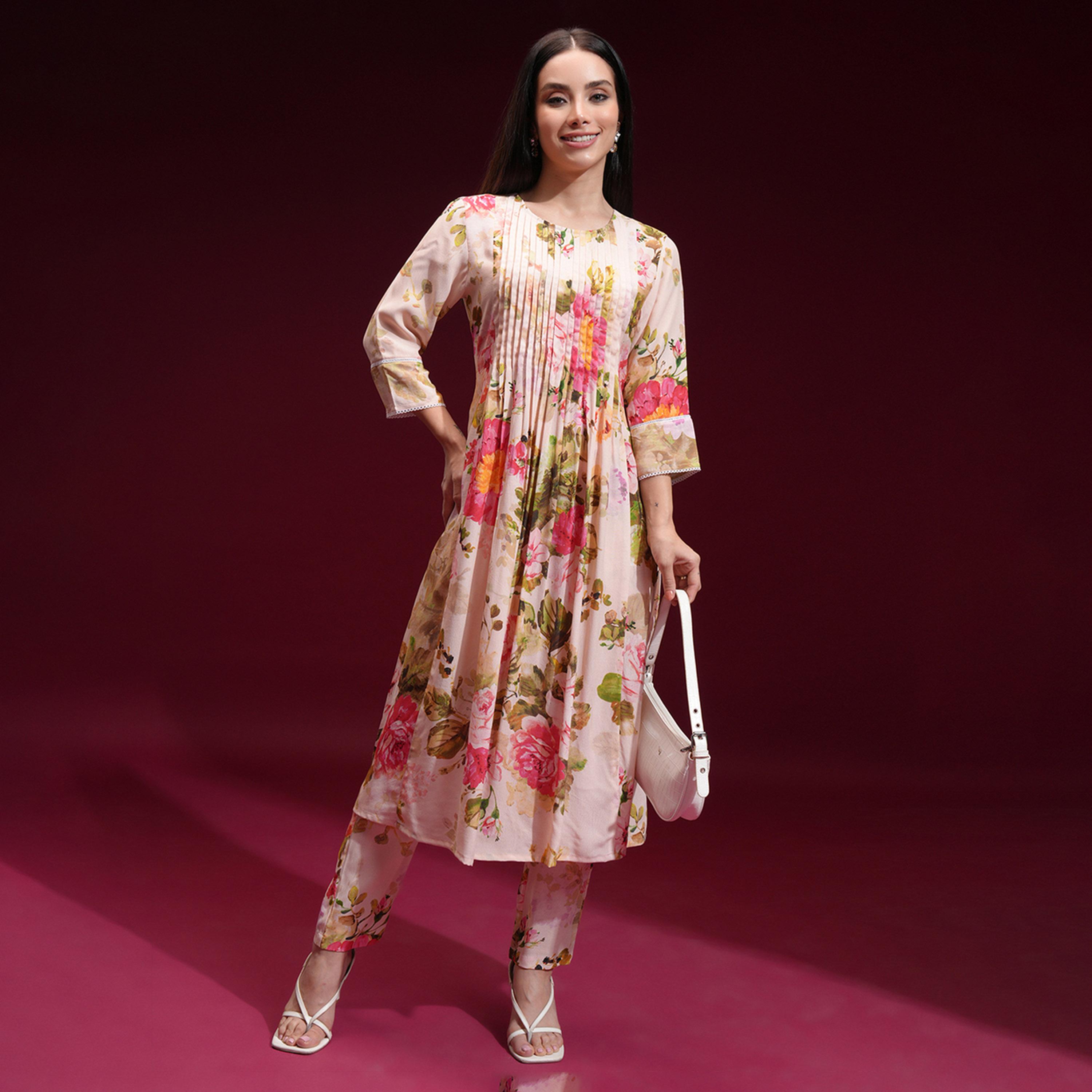 Vishudh X Styli Floral Printed Pin Tucks Design A-Line Kurta With Trousers-women-clothing-ethnicwear-kurtasets-image-1