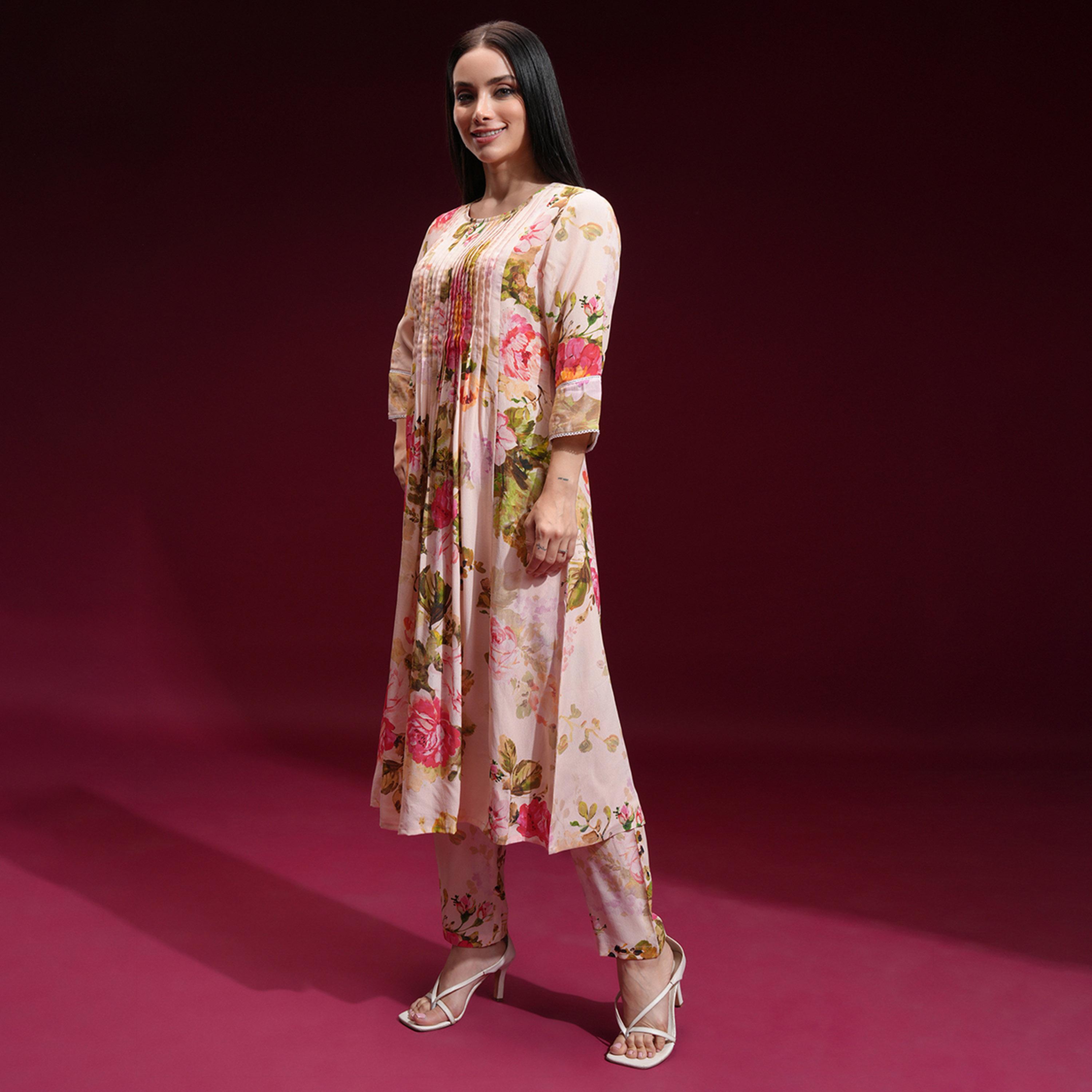 Vishudh X Styli Floral Printed Pin Tucks Design A-Line Kurta With Trousers-women-clothing-ethnicwear-kurtasets-image-2