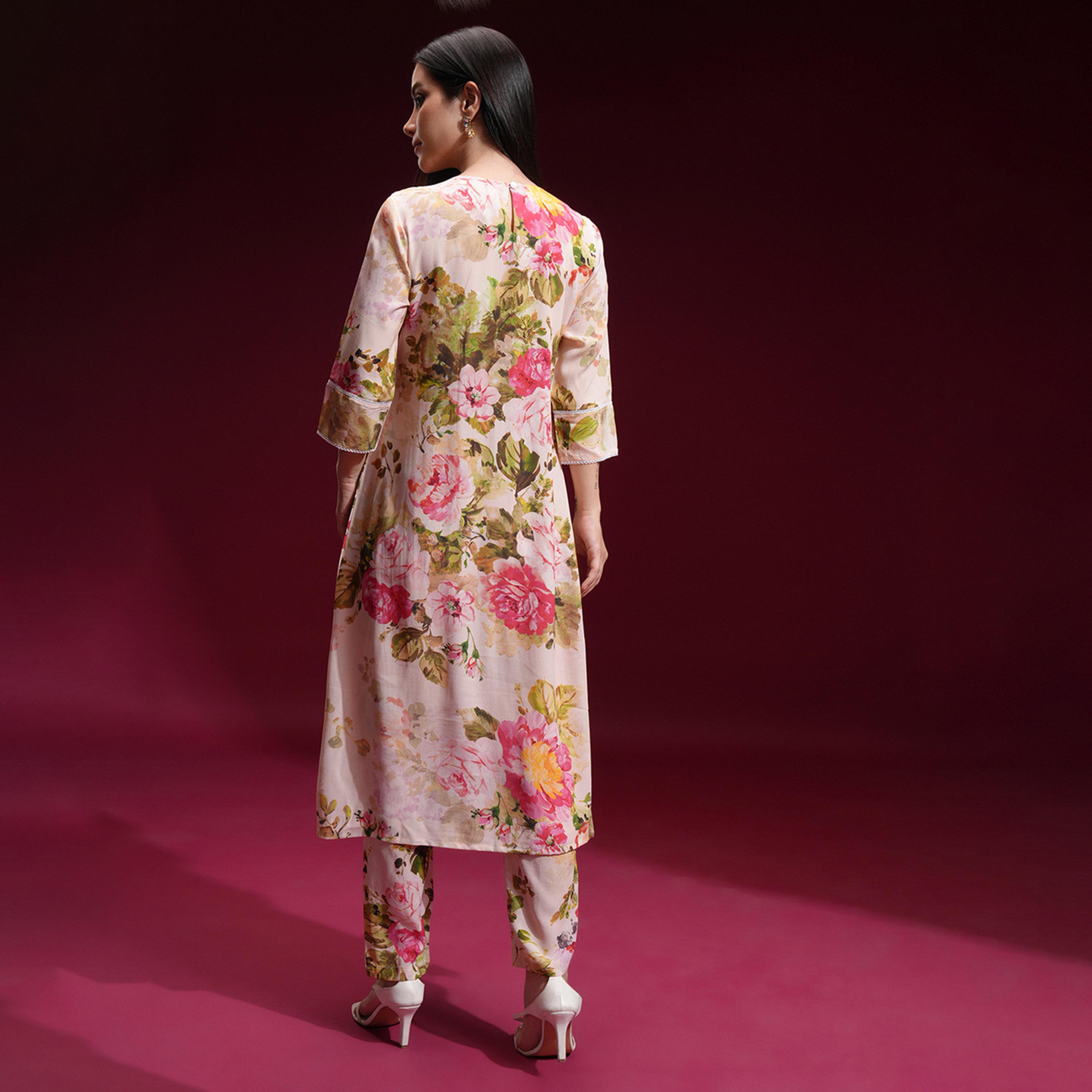 Vishudh X Styli Floral Printed Pin Tucks Design A-Line Kurta With Trousers-women-clothing-ethnicwear-kurtasets-image-3
