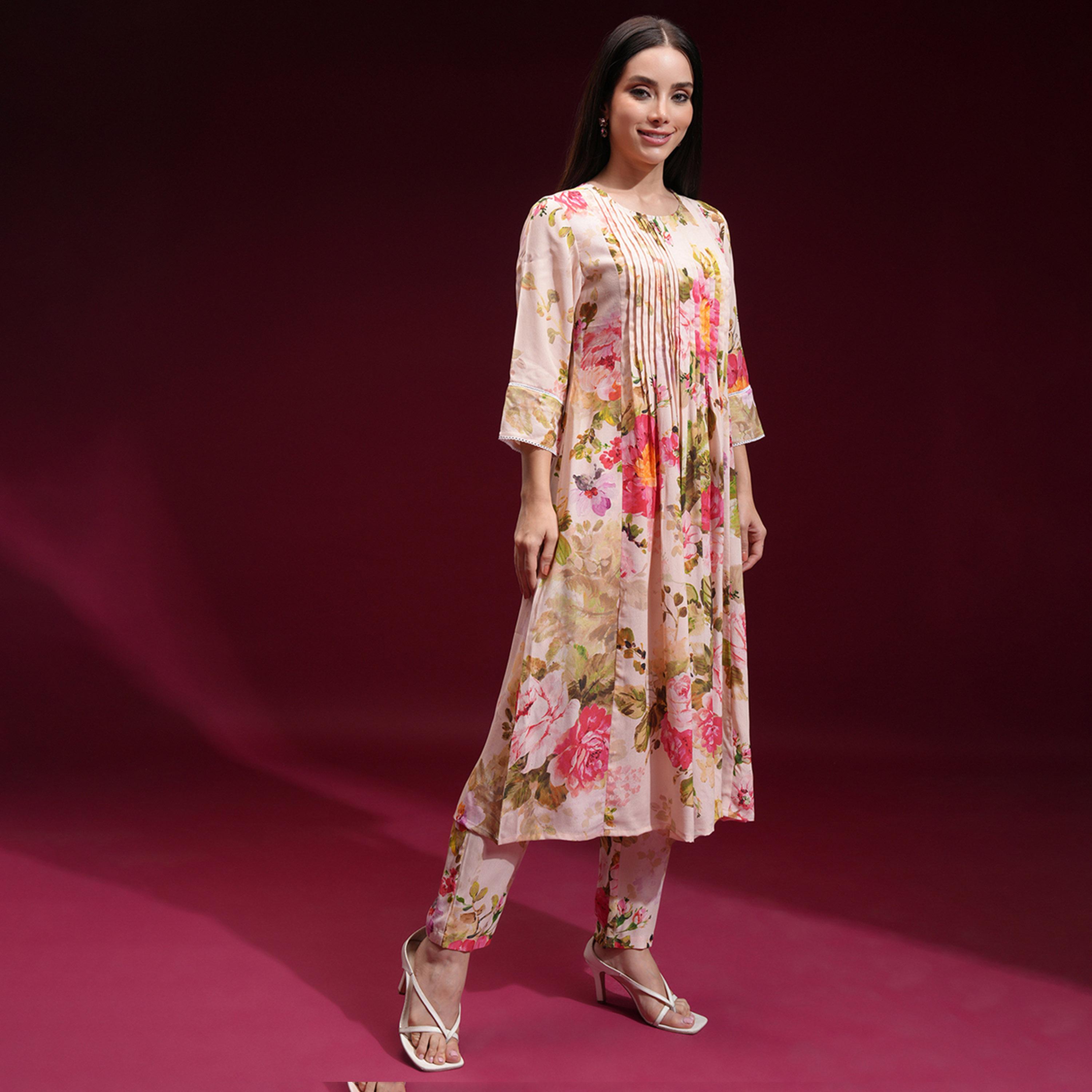 Vishudh X Styli Floral Printed Pin Tucks Design A-Line Kurta With Trousers-women-clothing-ethnicwear-kurtasets-image-4