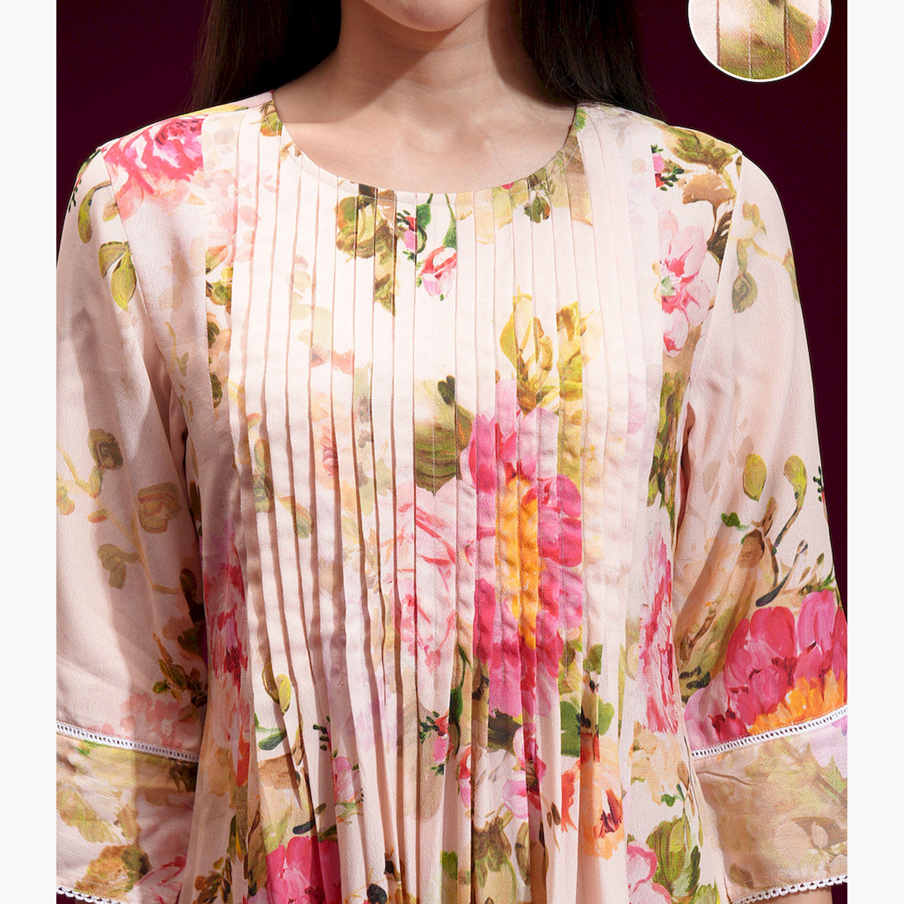 Vishudh X Styli Floral Printed Pin Tucks Design A-Line Kurta With Trousers-women-clothing-ethnicwear-kurtasets-image-5
