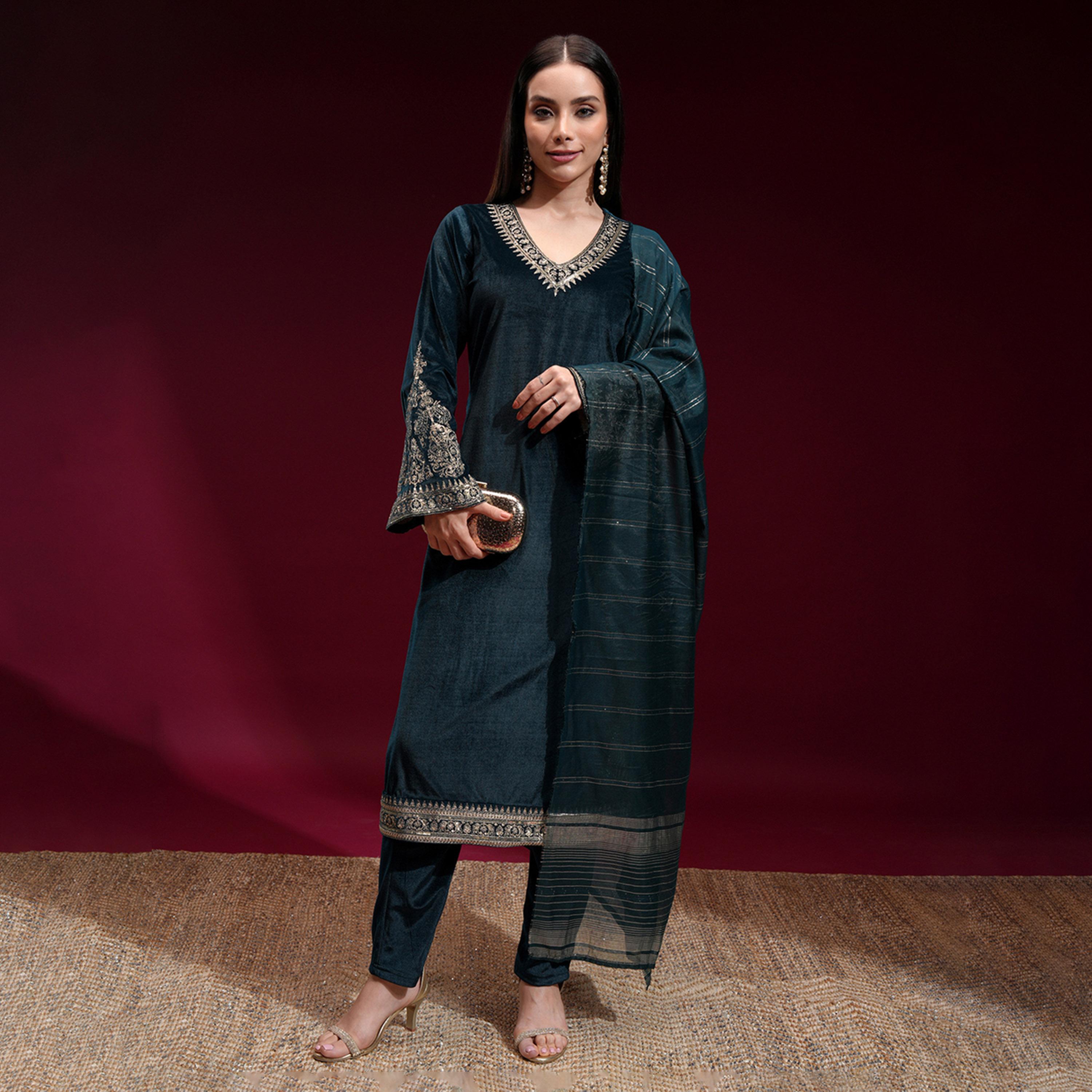 Vishudh X Styli Floral Embroidered V-Neck Velvet Straight Kurta With Trousers And Dupatta-women-clothing-ethnicwear-sareesets-image-1