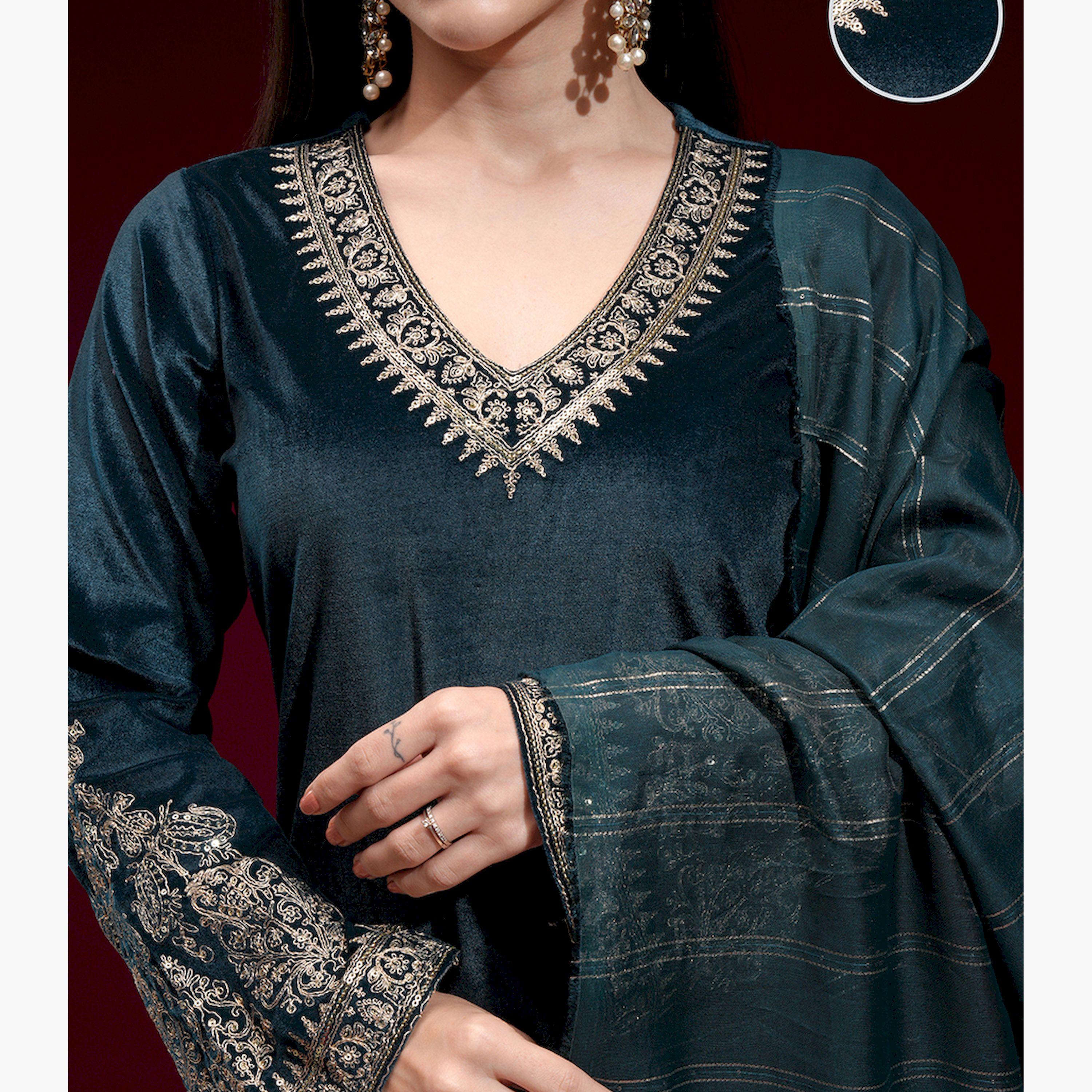 Vishudh X Styli Floral Embroidered V-Neck Velvet Straight Kurta With Trousers And Dupatta-women-clothing-ethnicwear-sareesets-image-5