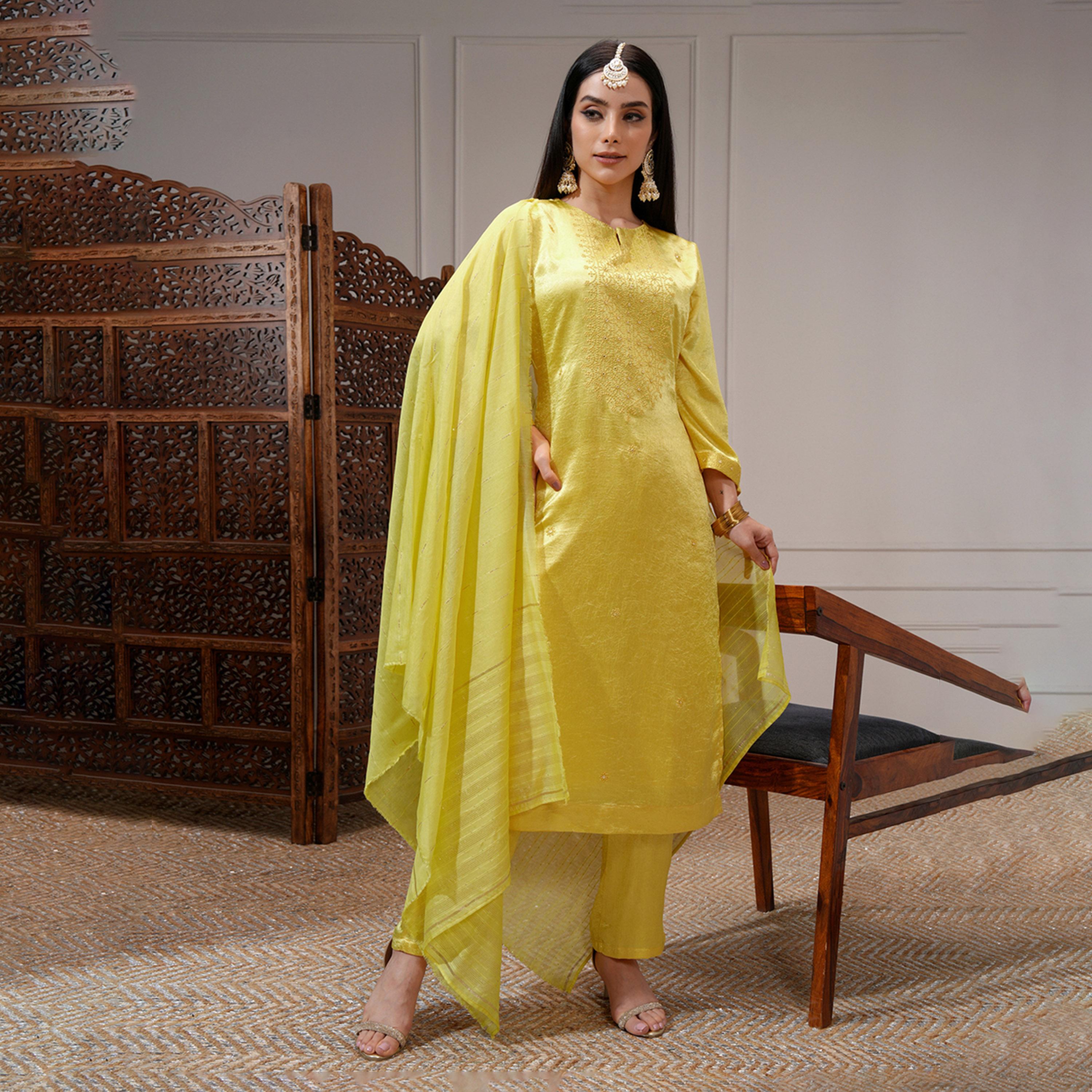 Vishudh X Styli Women Ethnic Motifs Embroidered Regular Kurta with Trousers & Dupatta-women-clothing-ethnicwear-sareesets-image-1