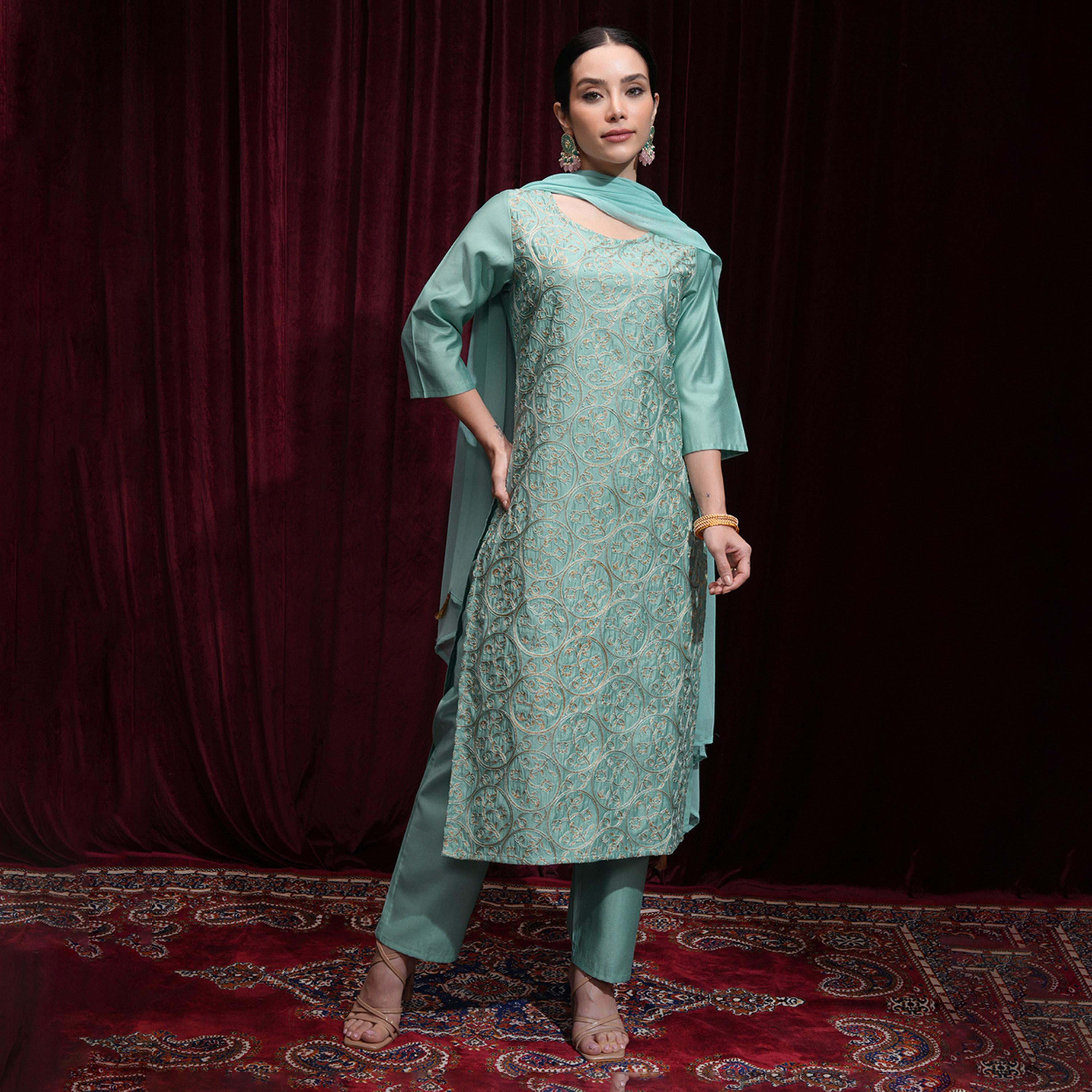 Vishudh X Styli Women Embroidered Regular Thread Work Kurta with Trousers & Dupatta-women-clothing-ethnicwear-sareesets-image-1