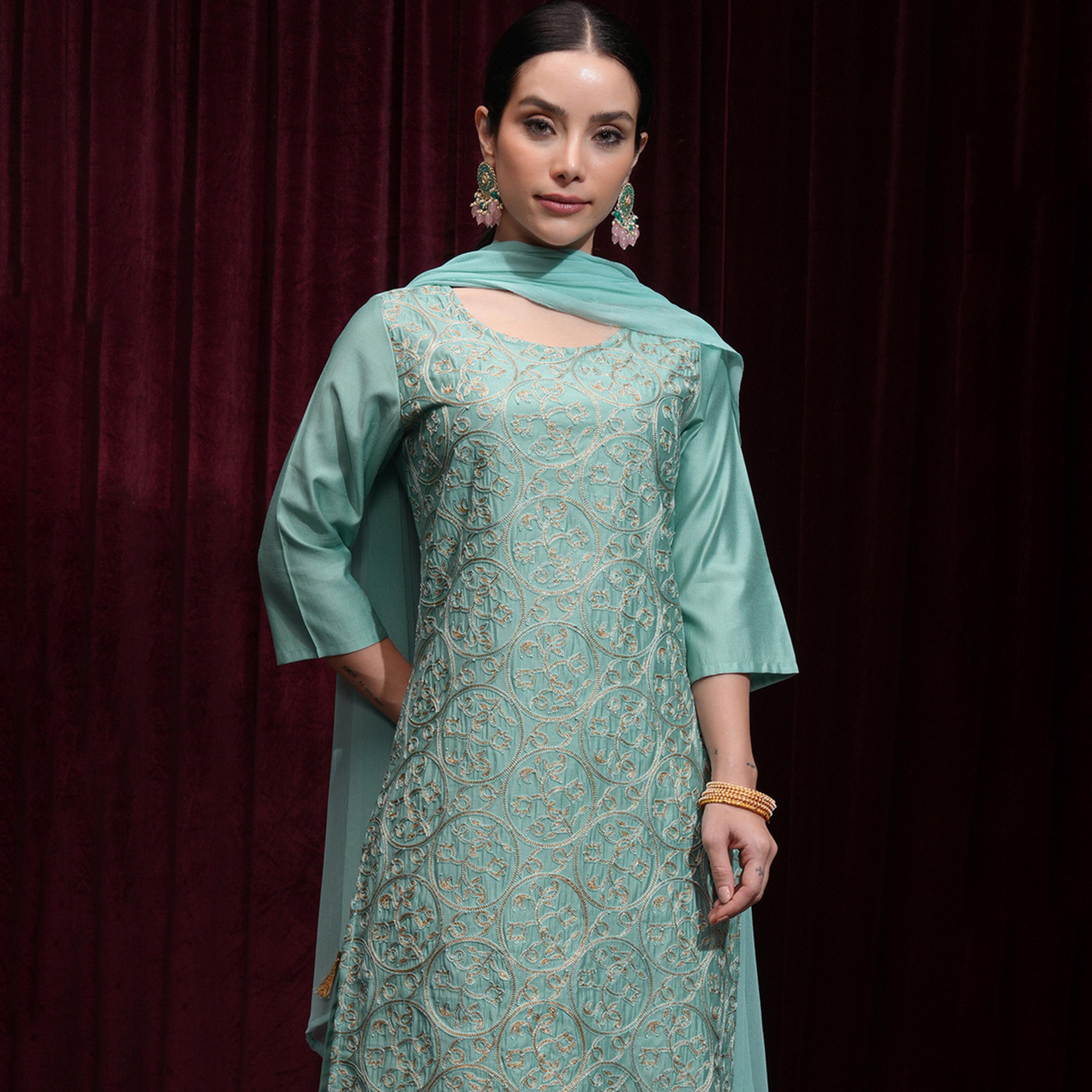 Vishudh X Styli Women Embroidered Regular Thread Work Kurta with Trousers & Dupatta-women-clothing-ethnicwear-sareesets-image-2