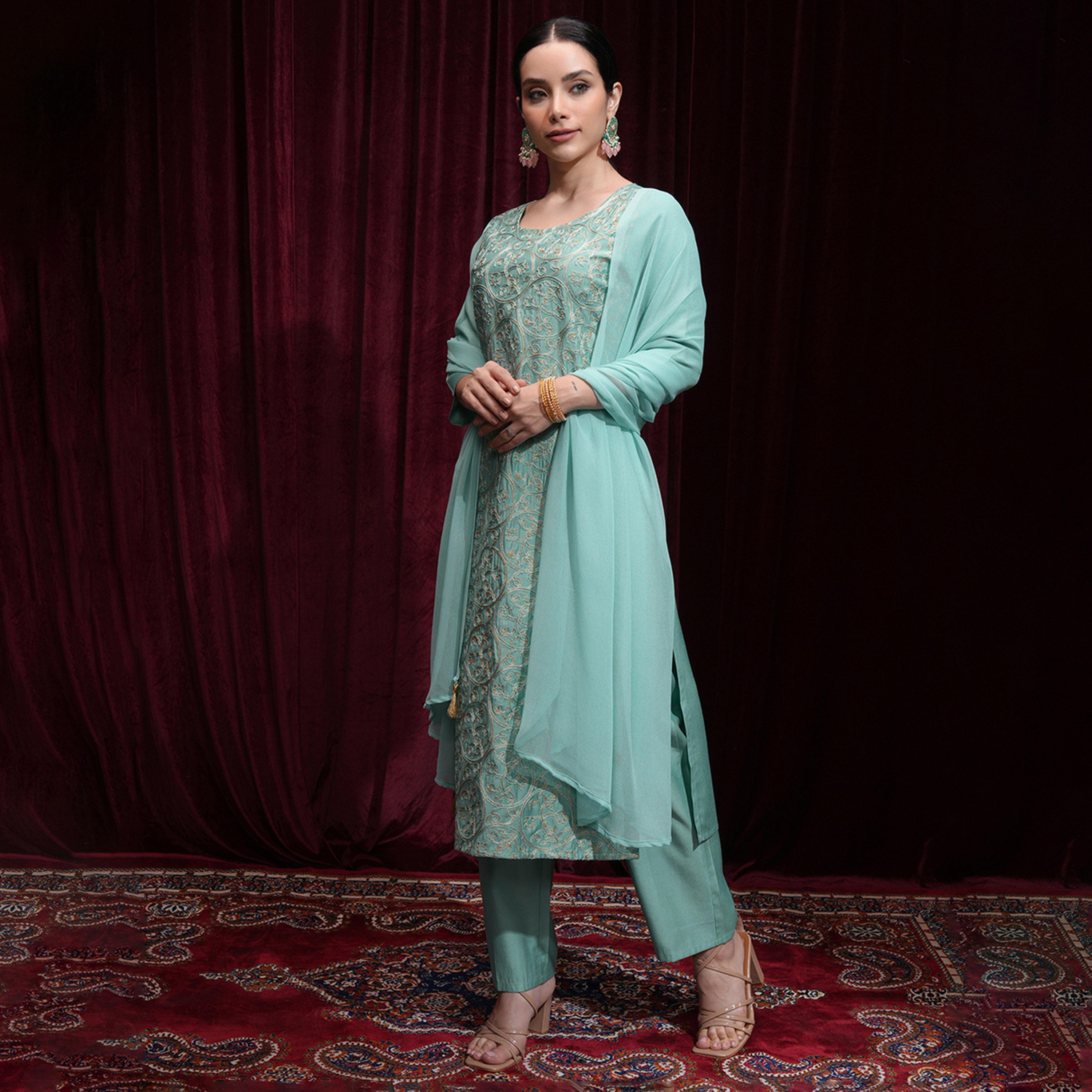 Vishudh X Styli Women Embroidered Regular Thread Work Kurta with Trousers & Dupatta-women-clothing-ethnicwear-sareesets-image-4