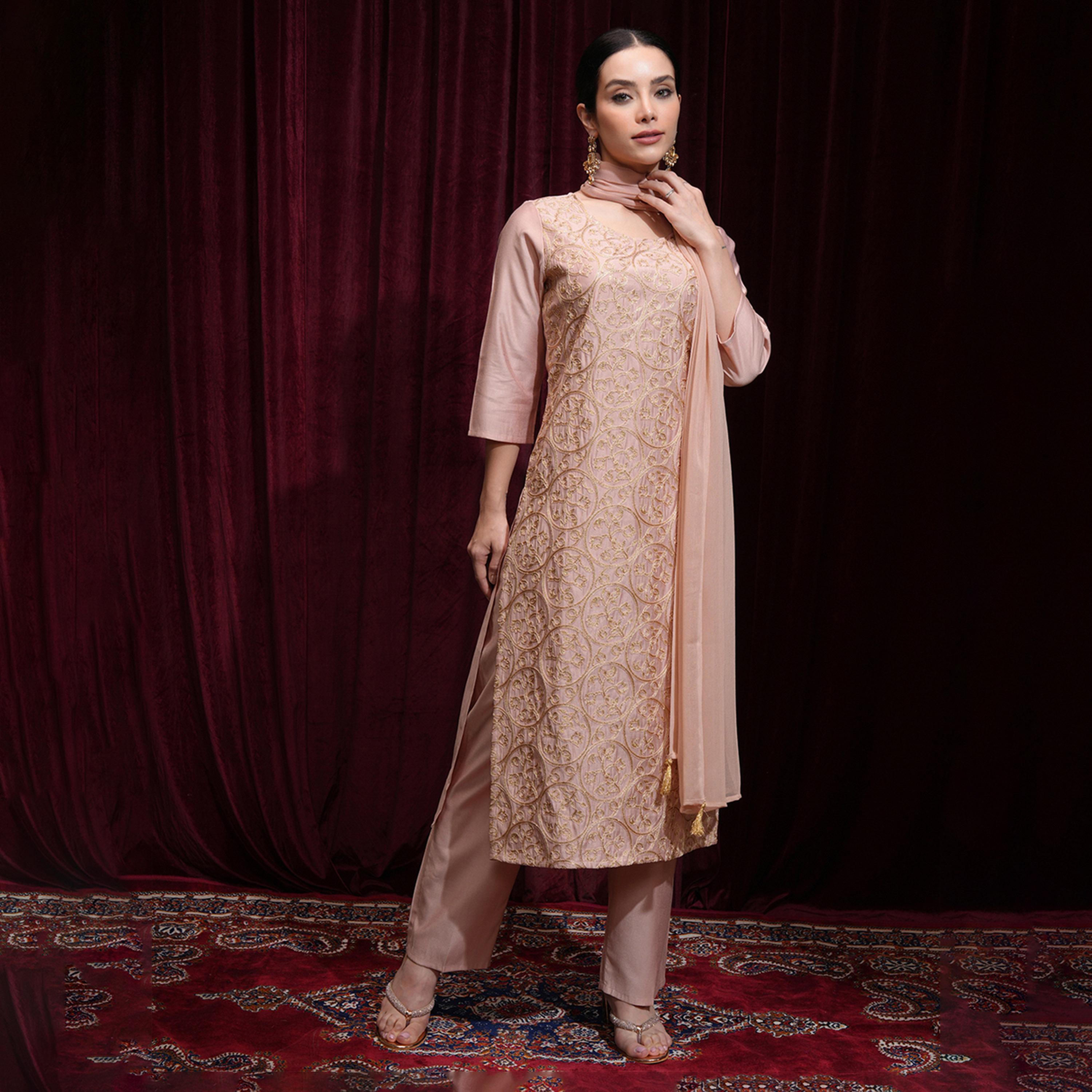 Vishudh X Styli Women Embroidered Regular Kurta with Trousers & Dupatta-women-clothing-ethnicwear-sareesets-image-1