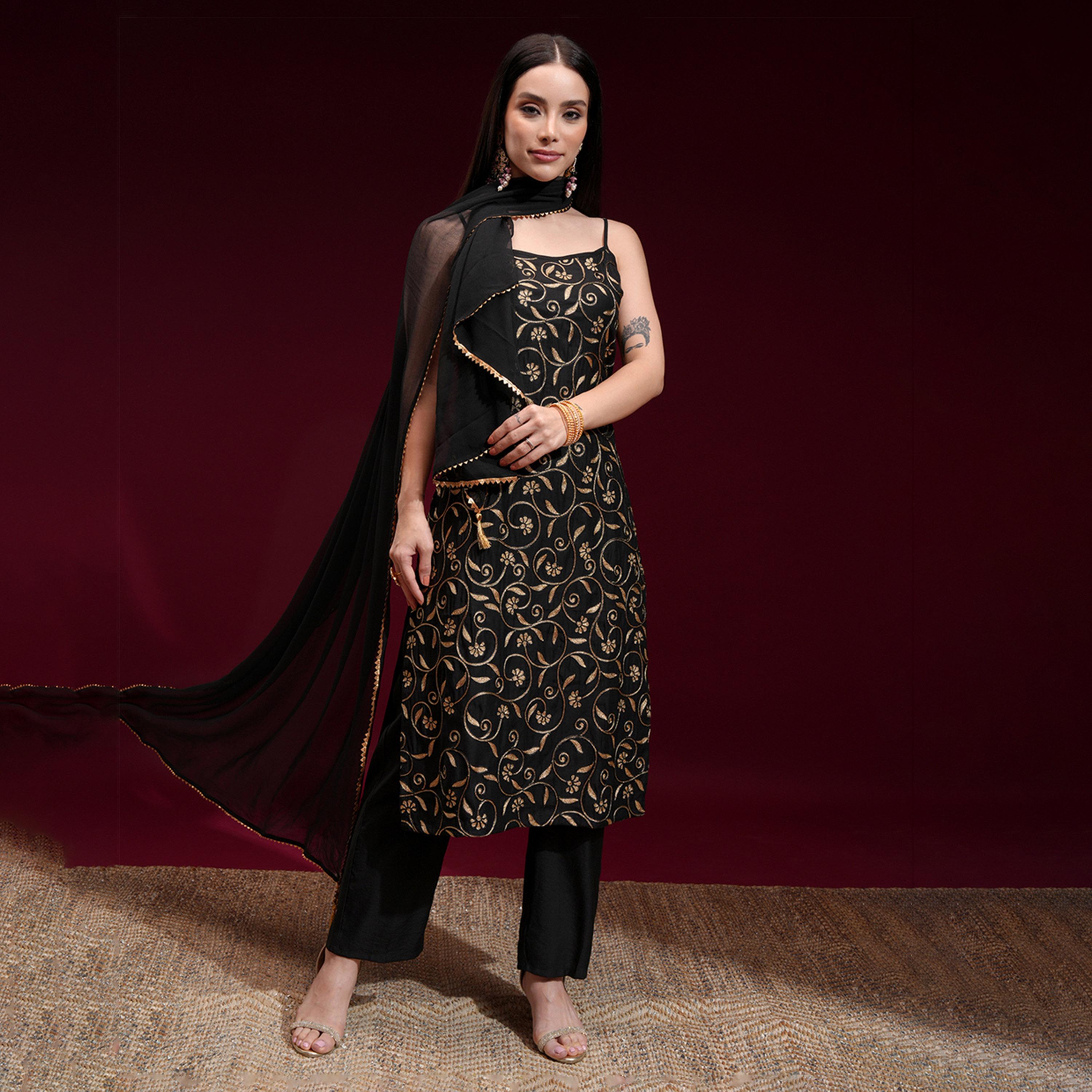 فيشود × ستايلي - كورتا مستقيمة مطرزة بالزهور مع بنطال ووشاح-women-clothing-ethnicwear-sareesets-image-2