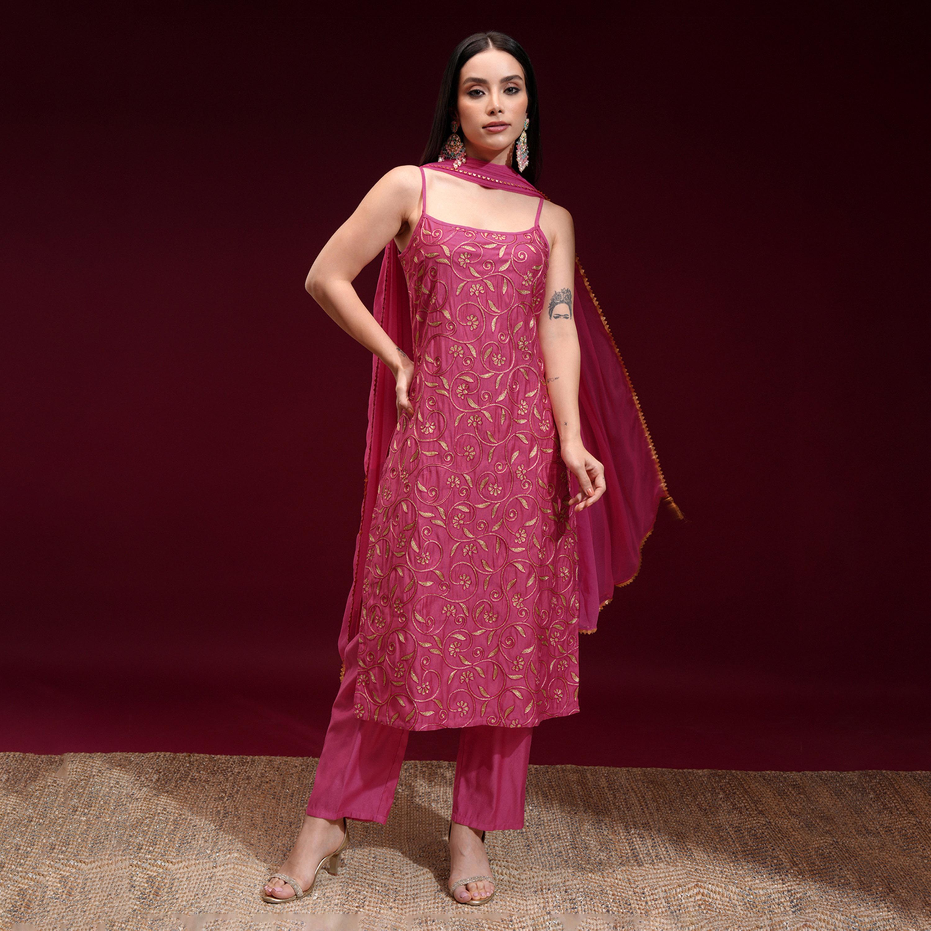 فيشود × ستايلي - كورتا مستقيمة مطرزة بالزهور مع بنطال ووشاح-women-clothing-ethnicwear-sareesets-image-1