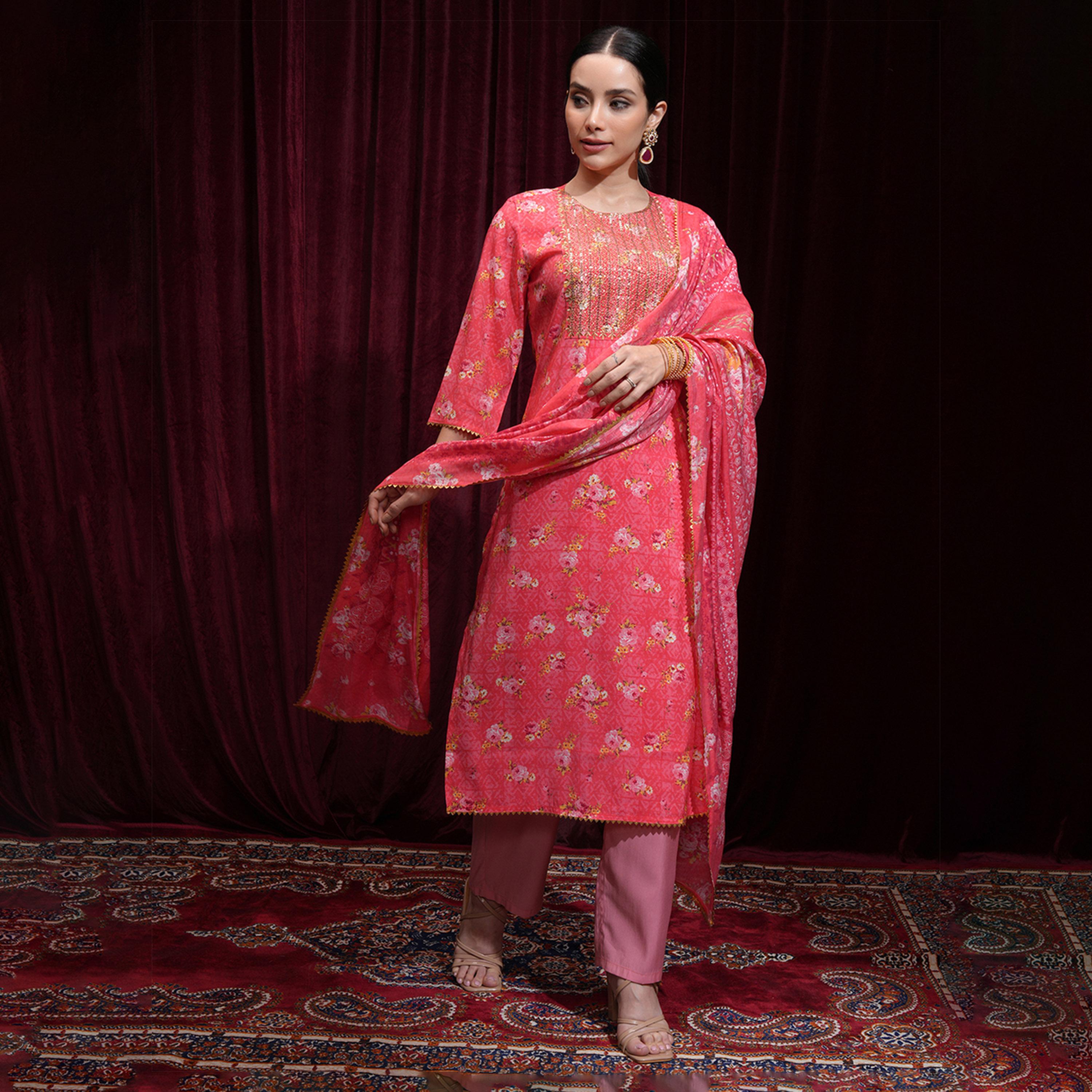 Vishudh X Styli Women Floral Printed Regular Mirror Work Kurta with Trousers & Dupatta-women-clothing-ethnicwear-sareesets-image-1