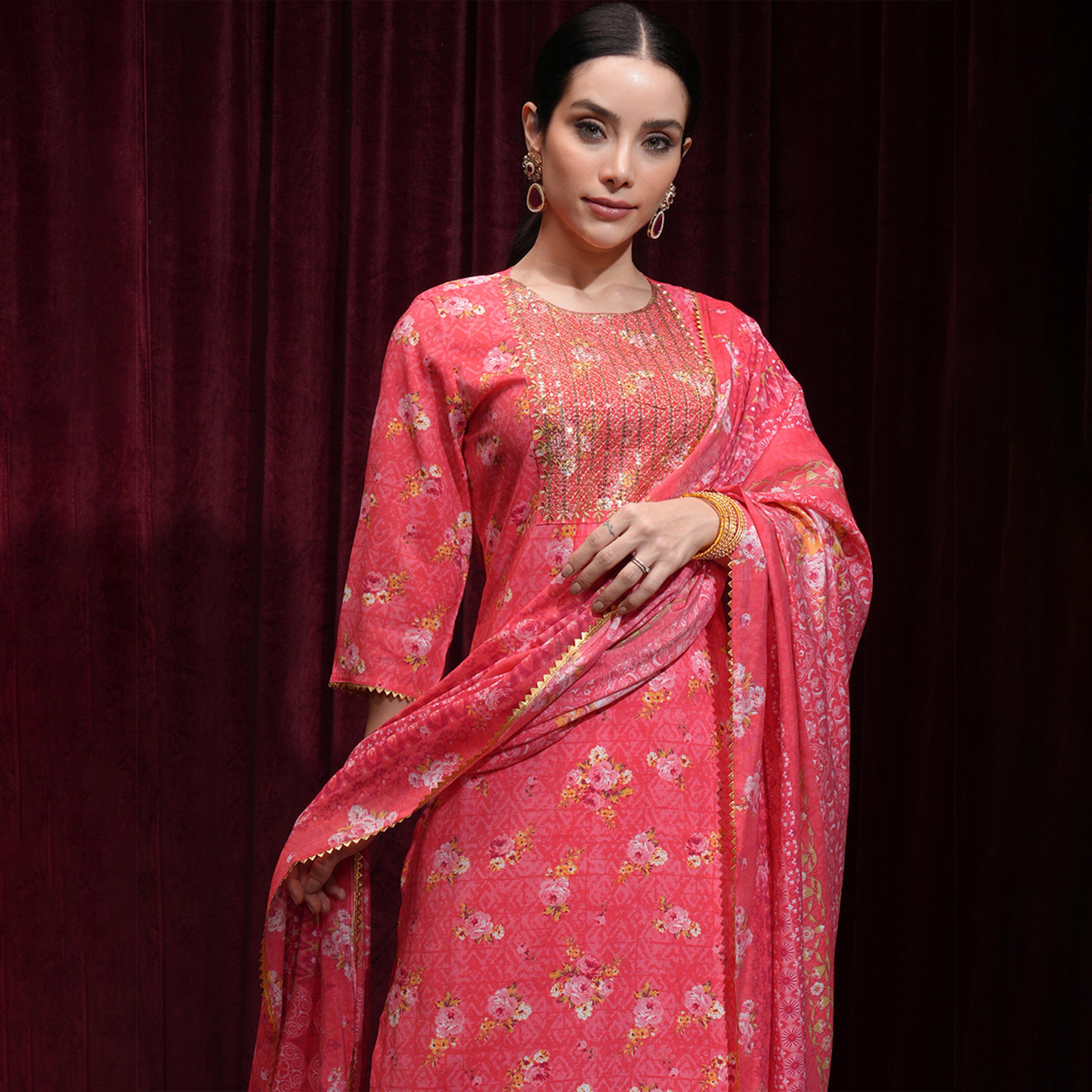 Vishudh X Styli Women Floral Printed Regular Mirror Work Kurta with Trousers & Dupatta-women-clothing-ethnicwear-sareesets-image-2