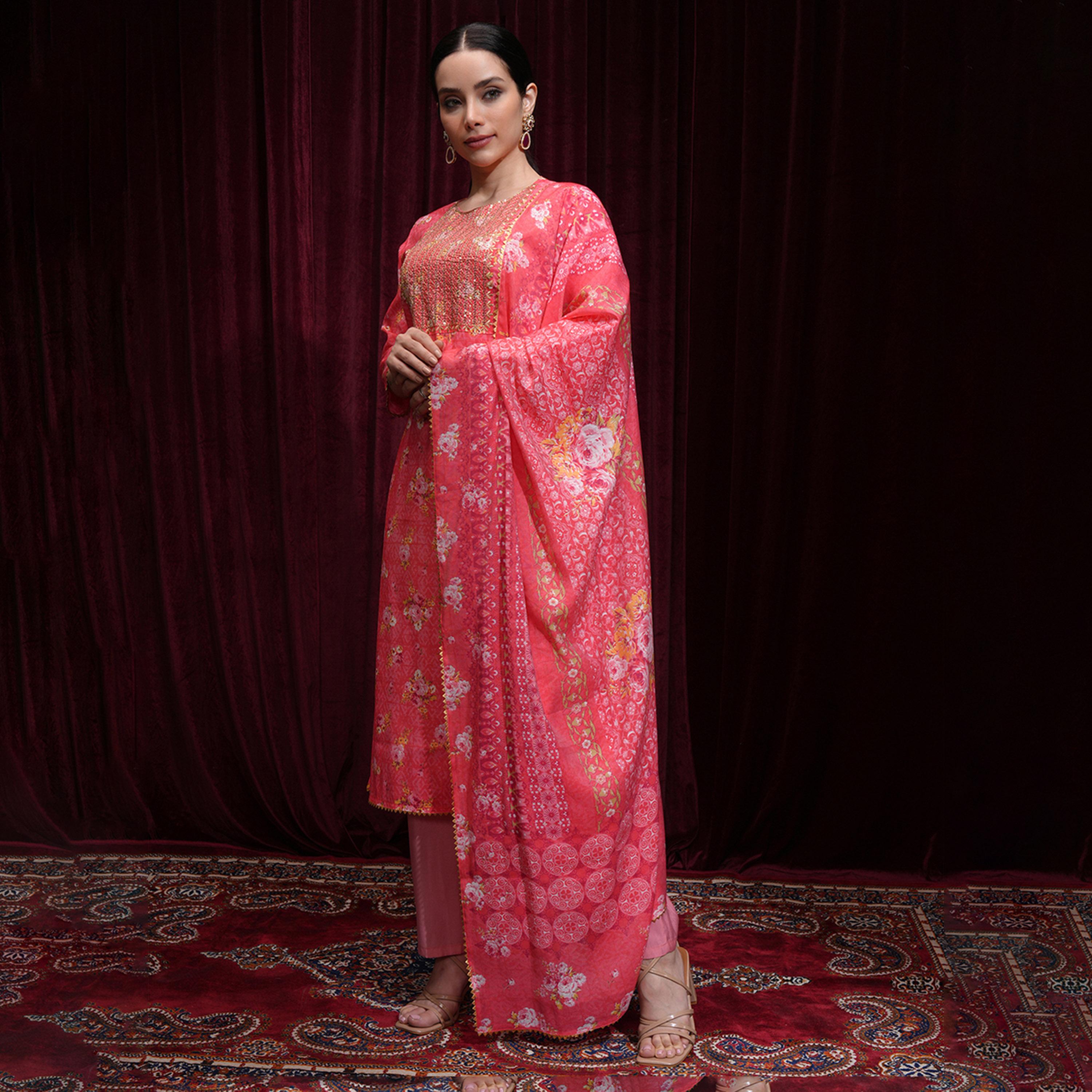 Vishudh X Styli Women Floral Printed Regular Mirror Work Kurta with Trousers & Dupatta-women-clothing-ethnicwear-sareesets-image-4