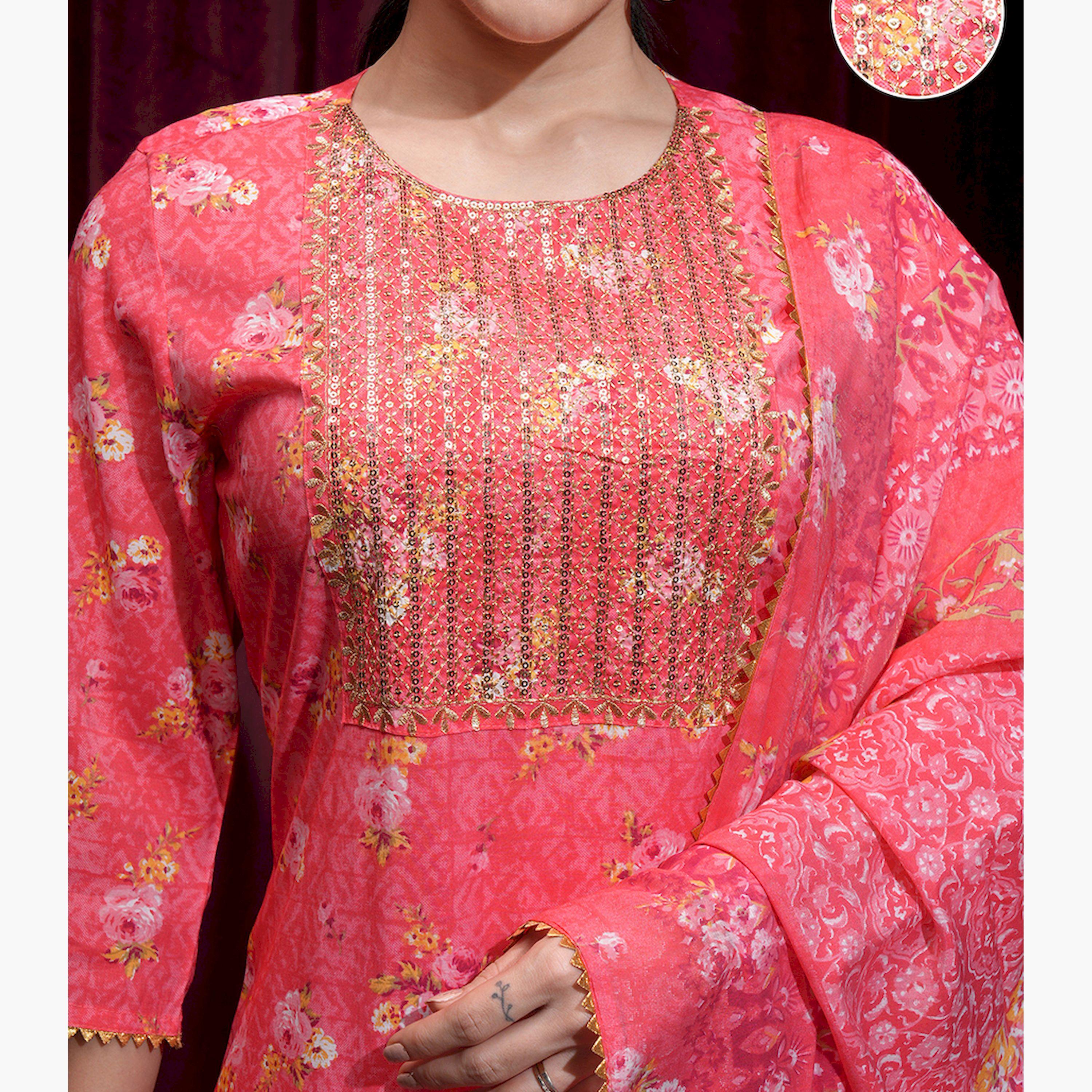 Vishudh X Styli Women Floral Printed Regular Mirror Work Kurta with Trousers & Dupatta-women-clothing-ethnicwear-sareesets-image-5