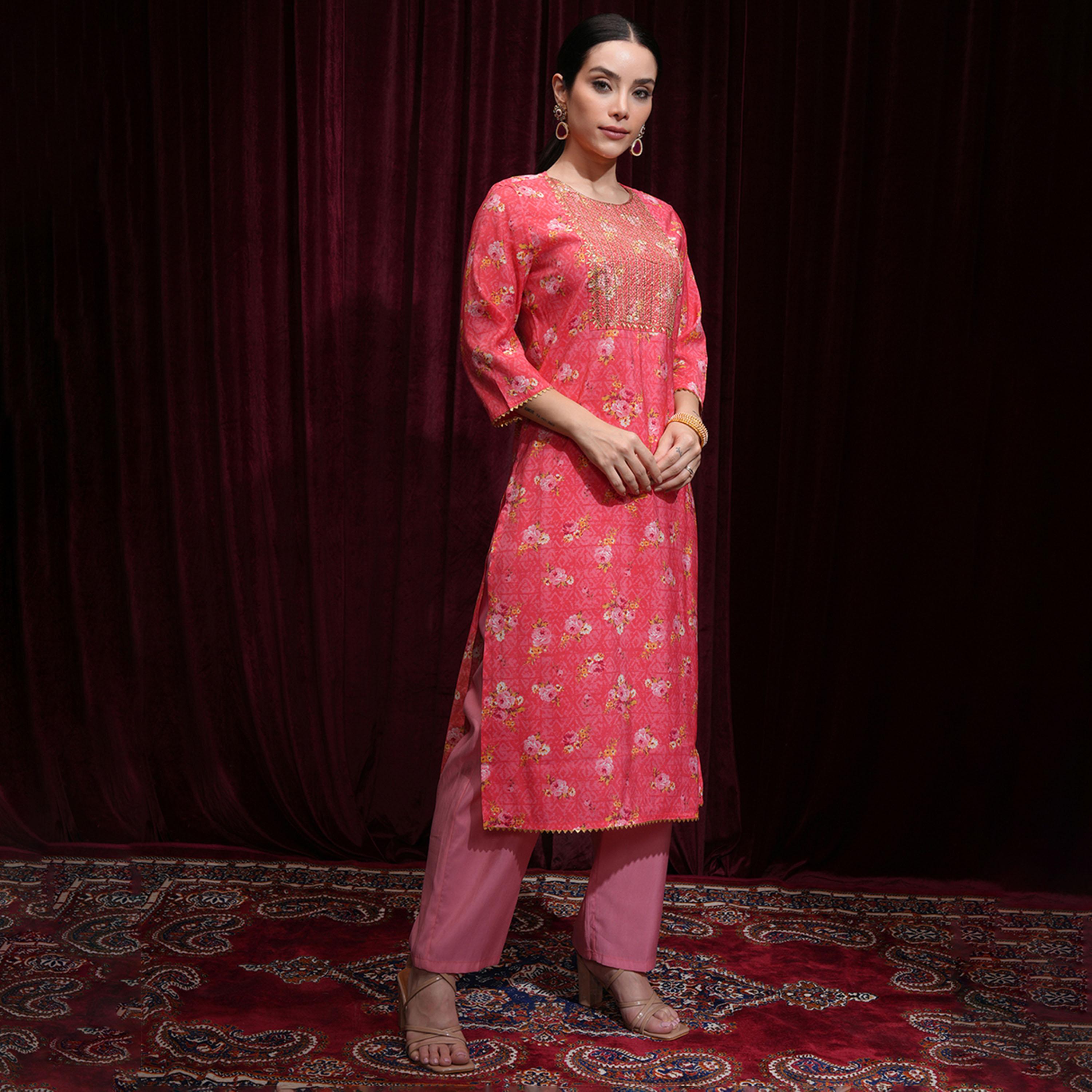 Vishudh X Styli Women Floral Printed Regular Mirror Work Kurta with Trousers & Dupatta-women-clothing-ethnicwear-sareesets-image-6