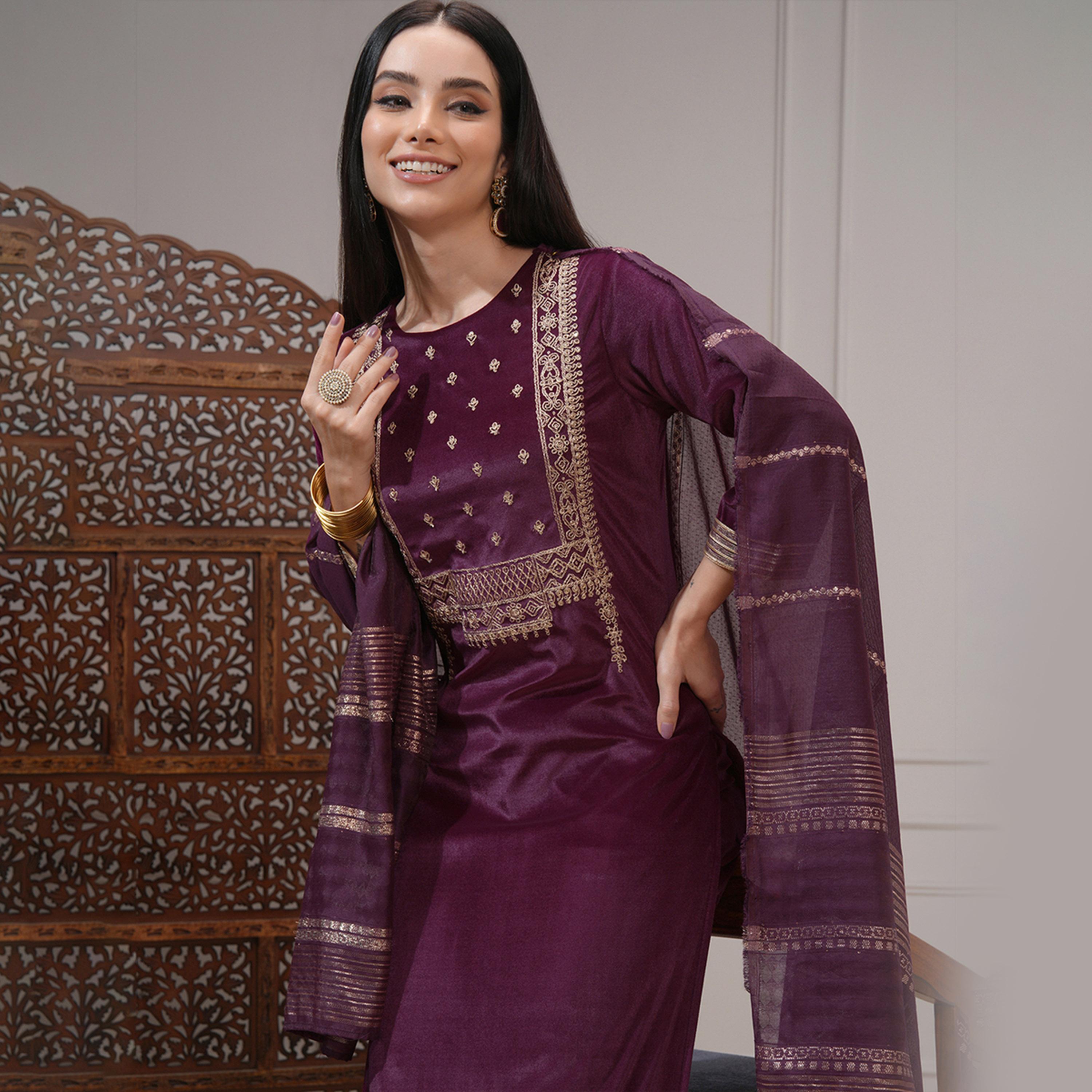 فيشود × ستايلي - كورتا نسائية مطرزة بزخارف عرقية وترتر مع بنطال ووشاح-women-clothing-ethnicwear-sareesets-image-2