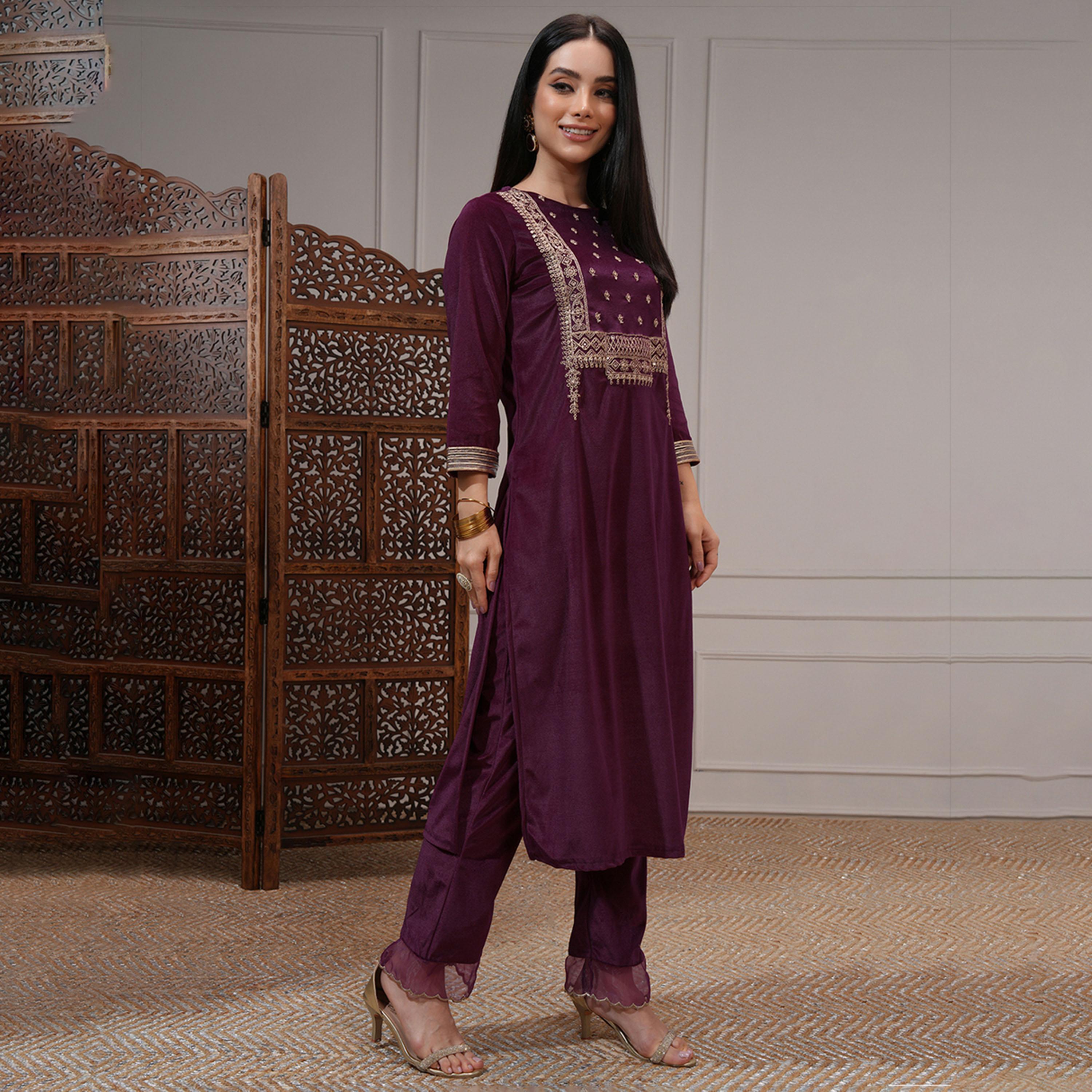فيشود × ستايلي - كورتا نسائية مطرزة بزخارف عرقية وترتر مع بنطال ووشاح-women-clothing-ethnicwear-sareesets-image-6