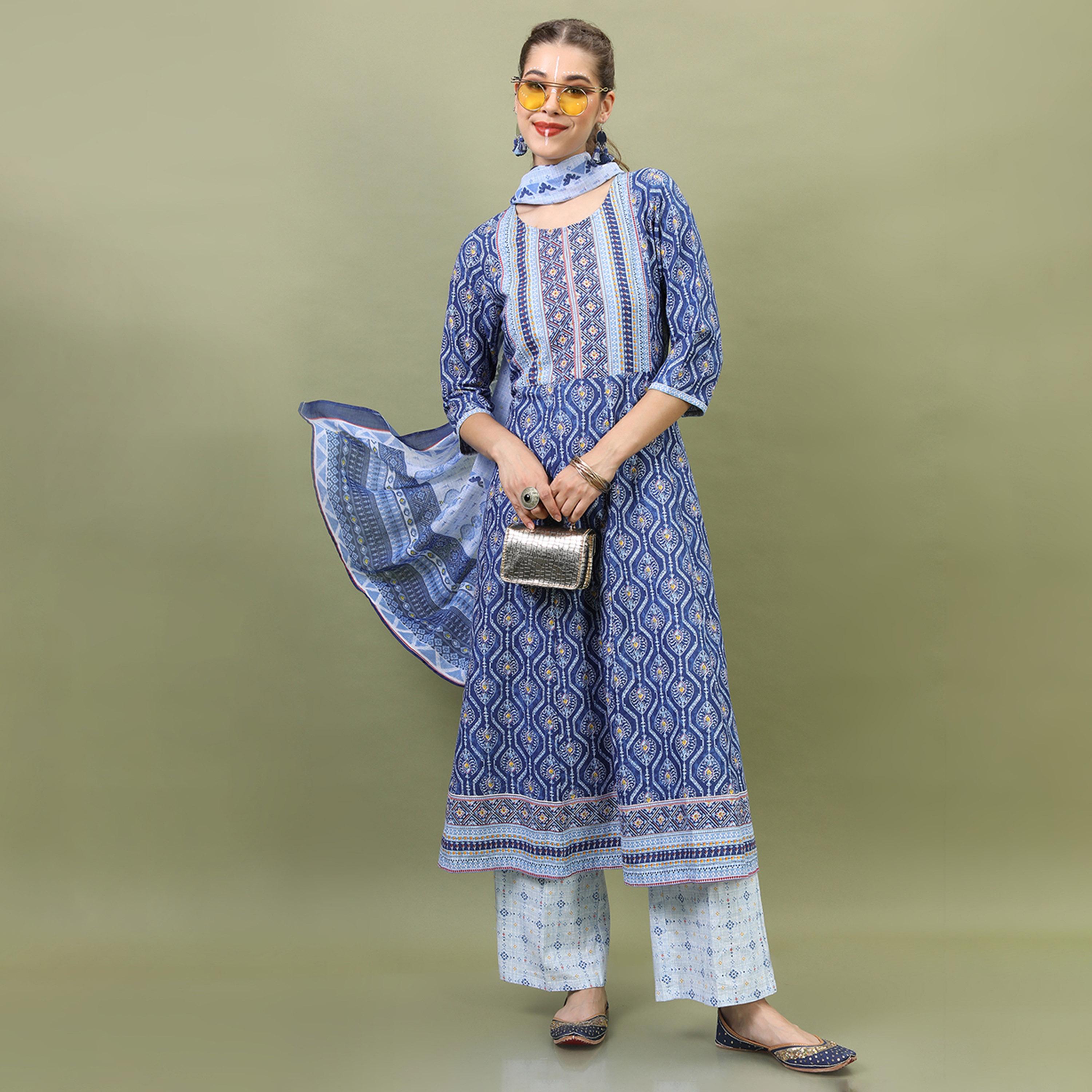 Vishudh X Styli Women Navy Blue Ethnic Motifs Printed Pleated Pure Cotton Kurta with Palazzos & Dupatta-women-clothing-ethnicwear-sareesets-image-1